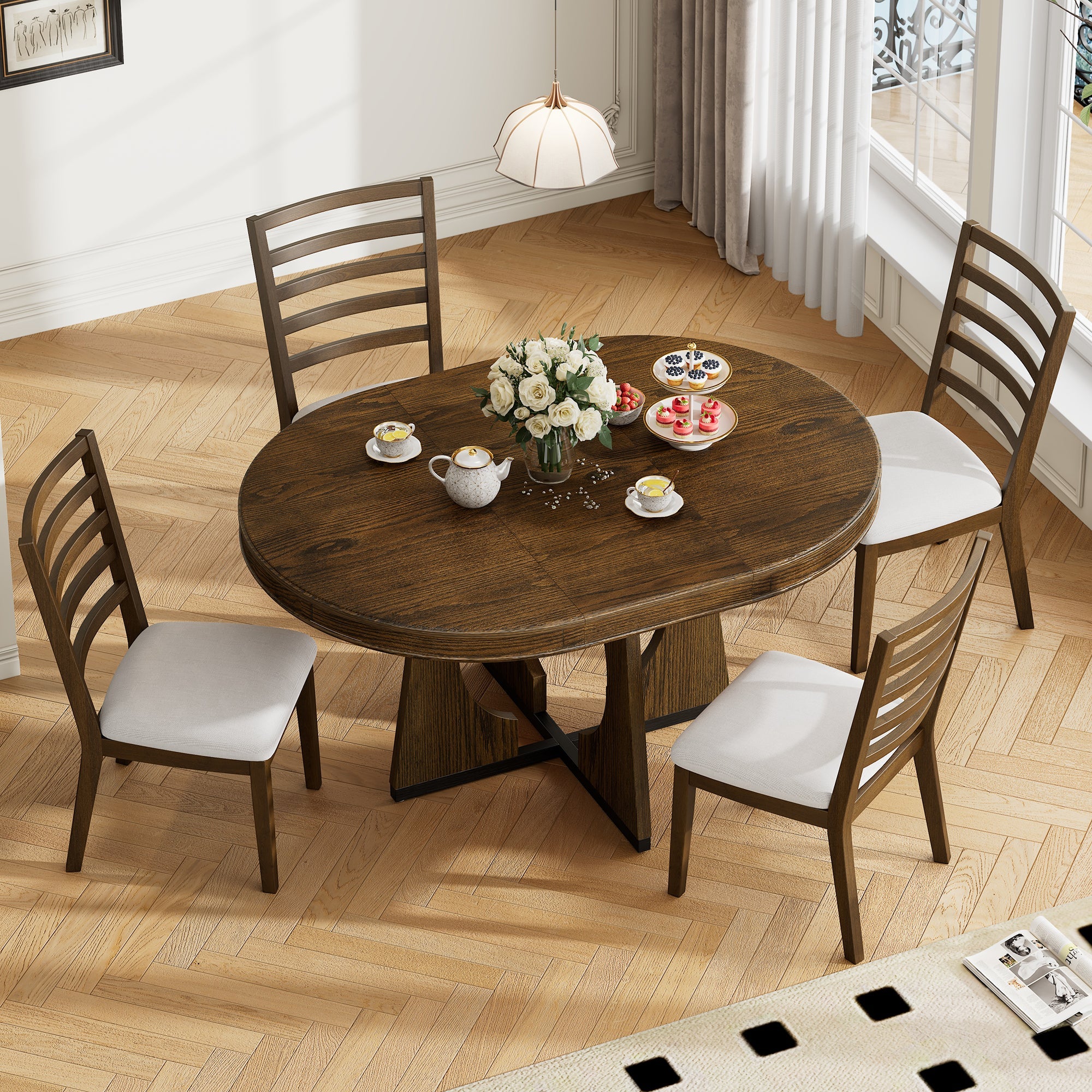 5-Piece Retro Extendable Dining Table Set with 16" Removable Leaf