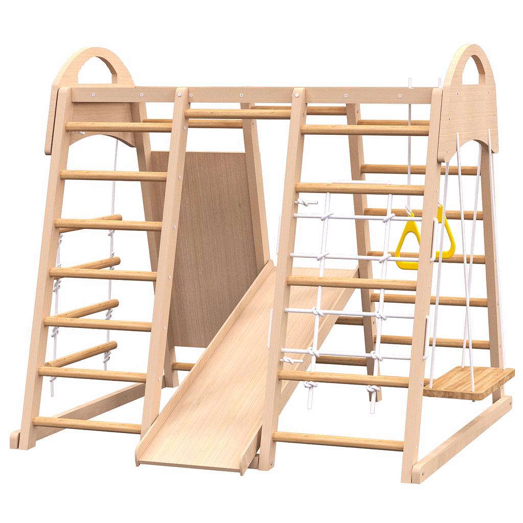 7 in 1 Indoor Playground Wood Jungle Gym Kids Slide Swing Climbing Wall Toy