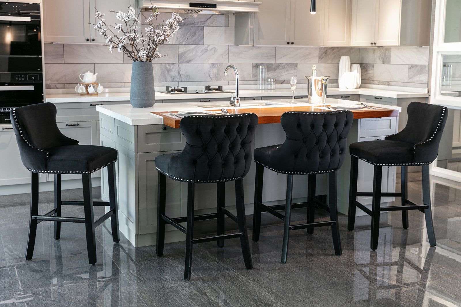 Leisure Style Velvet Upholstered Wing-Back Barstools (Set of 2)
