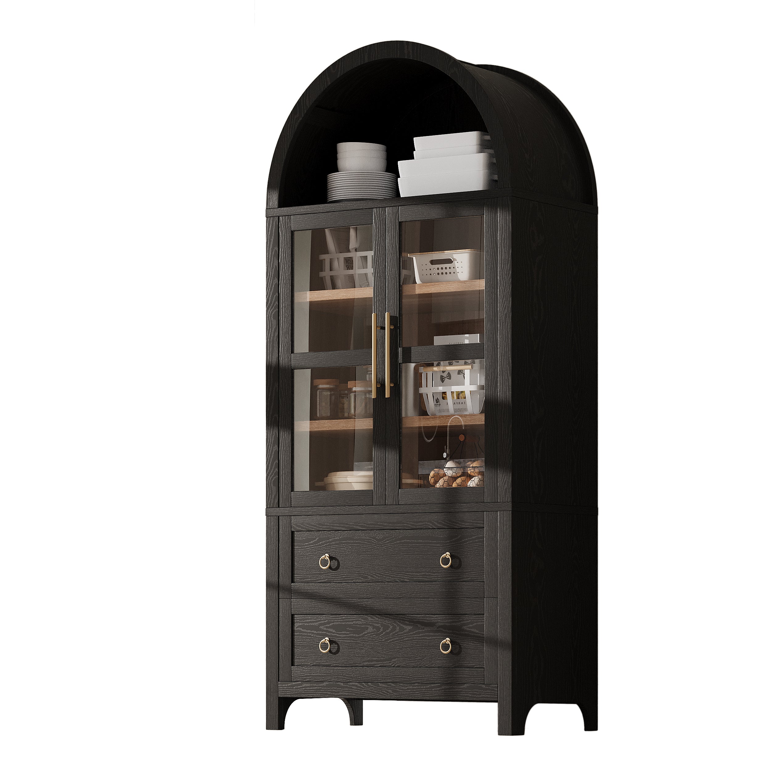 71” Tall Arched Modern Farmhouse Kitchen Pantry Cabinet with 2 Large Drawers