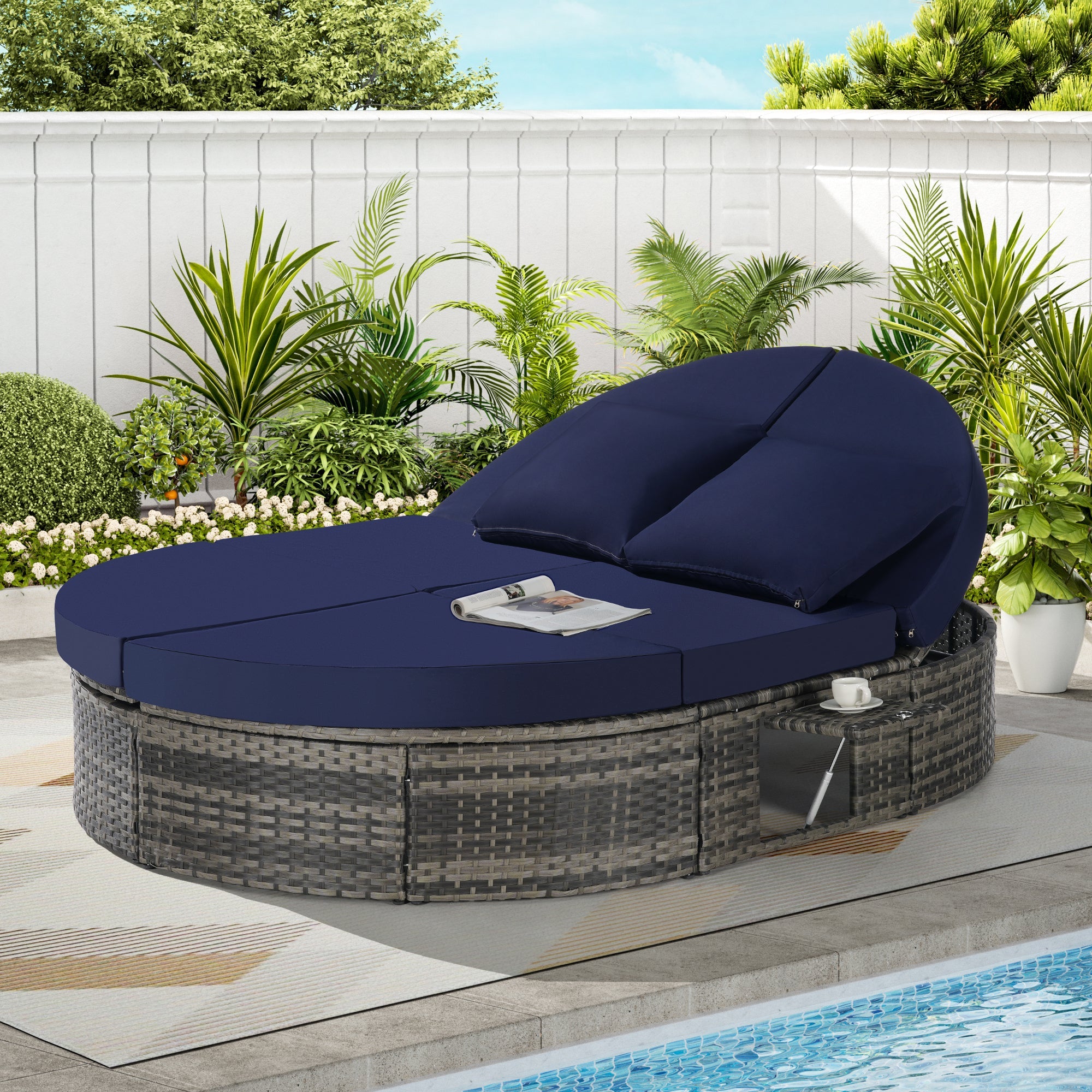 Round outdoor patio daybed with adjustable backrests foldable cup trays and cushioned wicker design ideal for backyard and poolside lounging