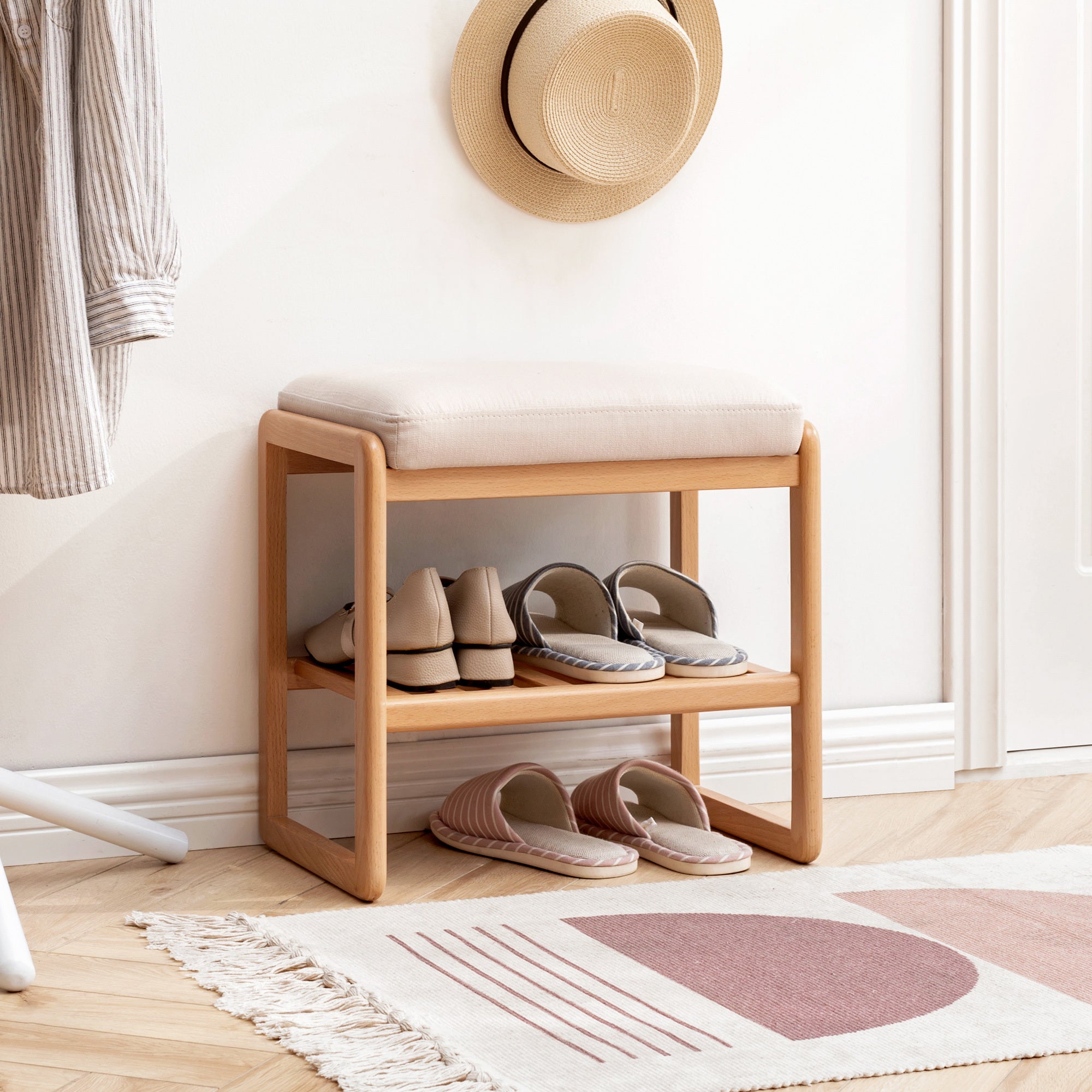 Natural Wood Shoe Bench with Beech Storage and High Rebound Sponge Cushion