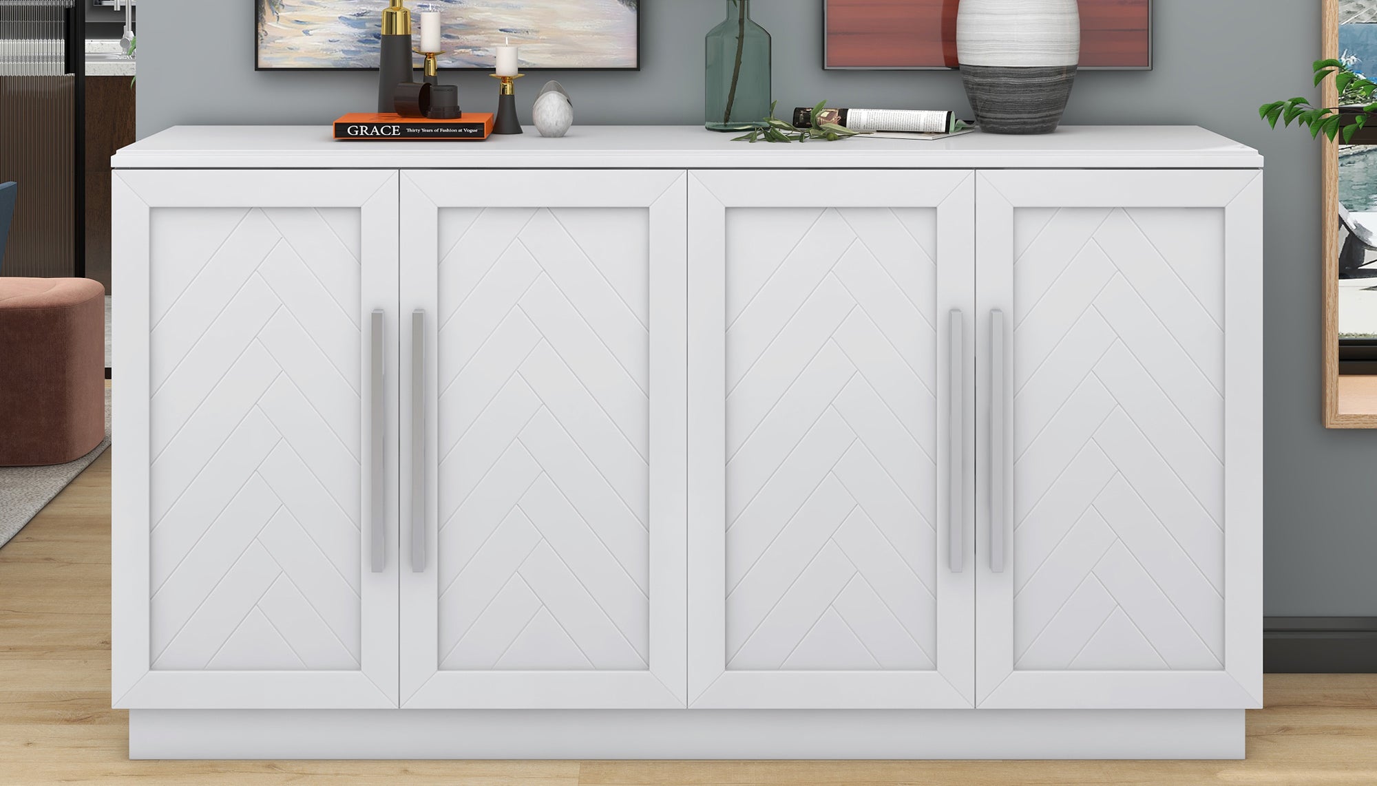 Buffet Cabinet with Adjustable Shelves and Silver Handles