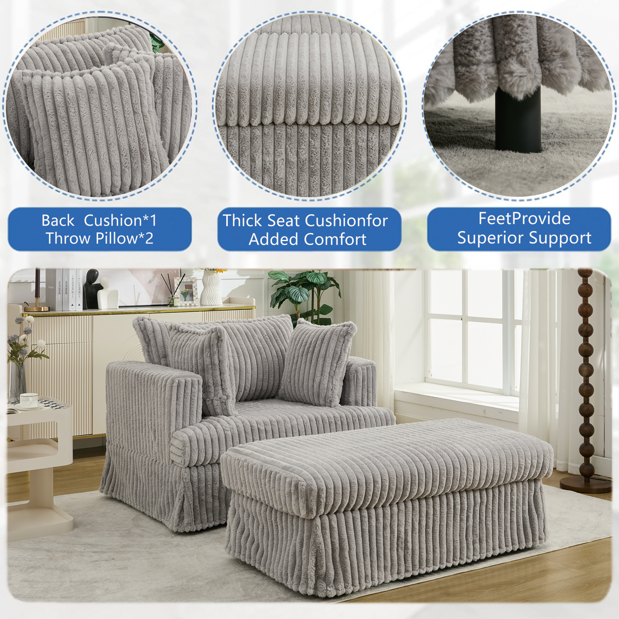 47.7'' Oversized Corduroy Chaise Longue with Ottoman