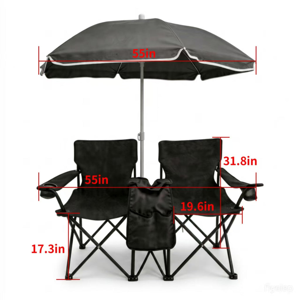 Portable Double Folding Beach Chair Set with Umbrella 2 Person Camping