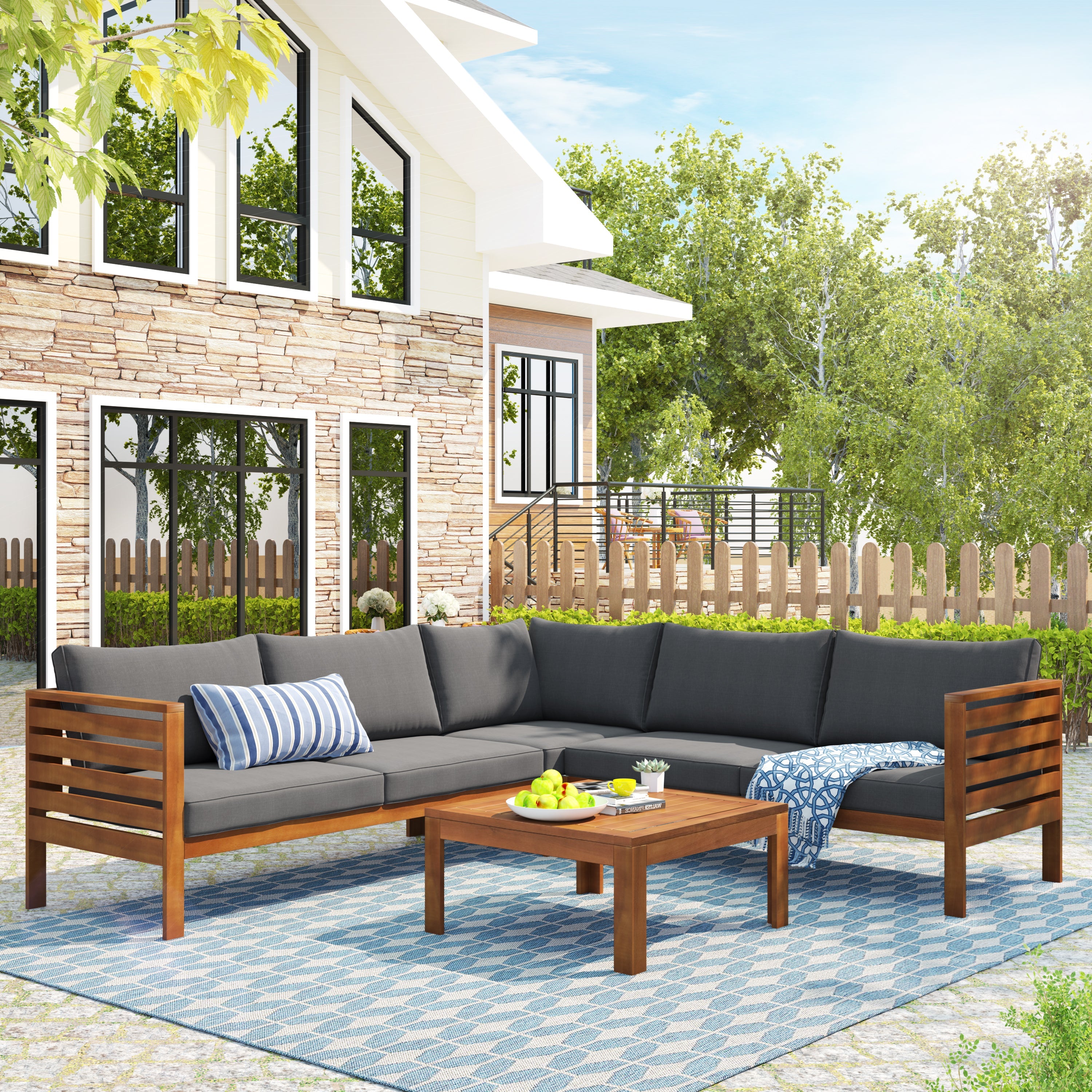 Acacia wood outdoor sofa set UV resistant water resistant cushions durable metal frame ideal patio garden outdoor living