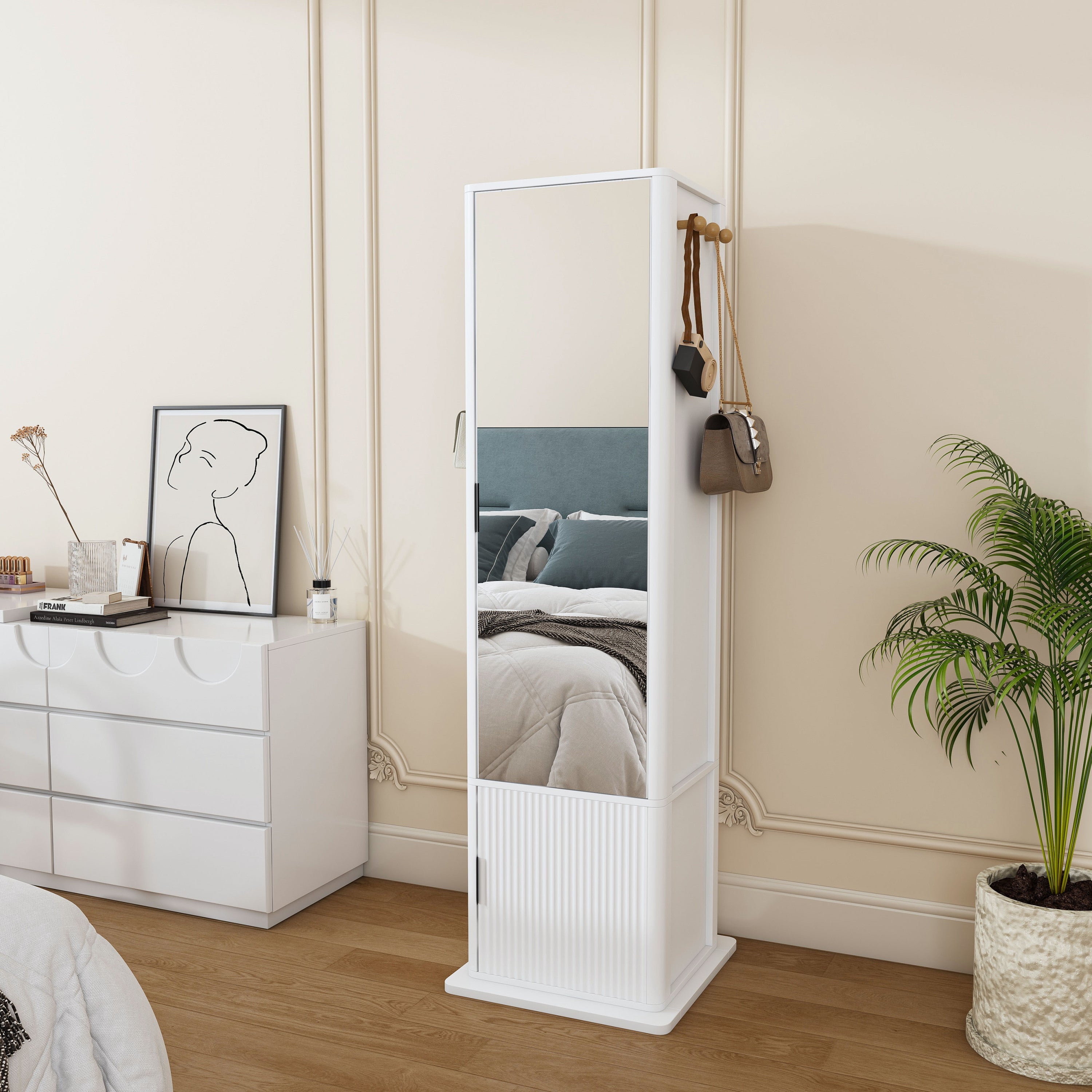 360° Rotating Makeup Cabinet with Full-Length Mirror and Jewelry Storage