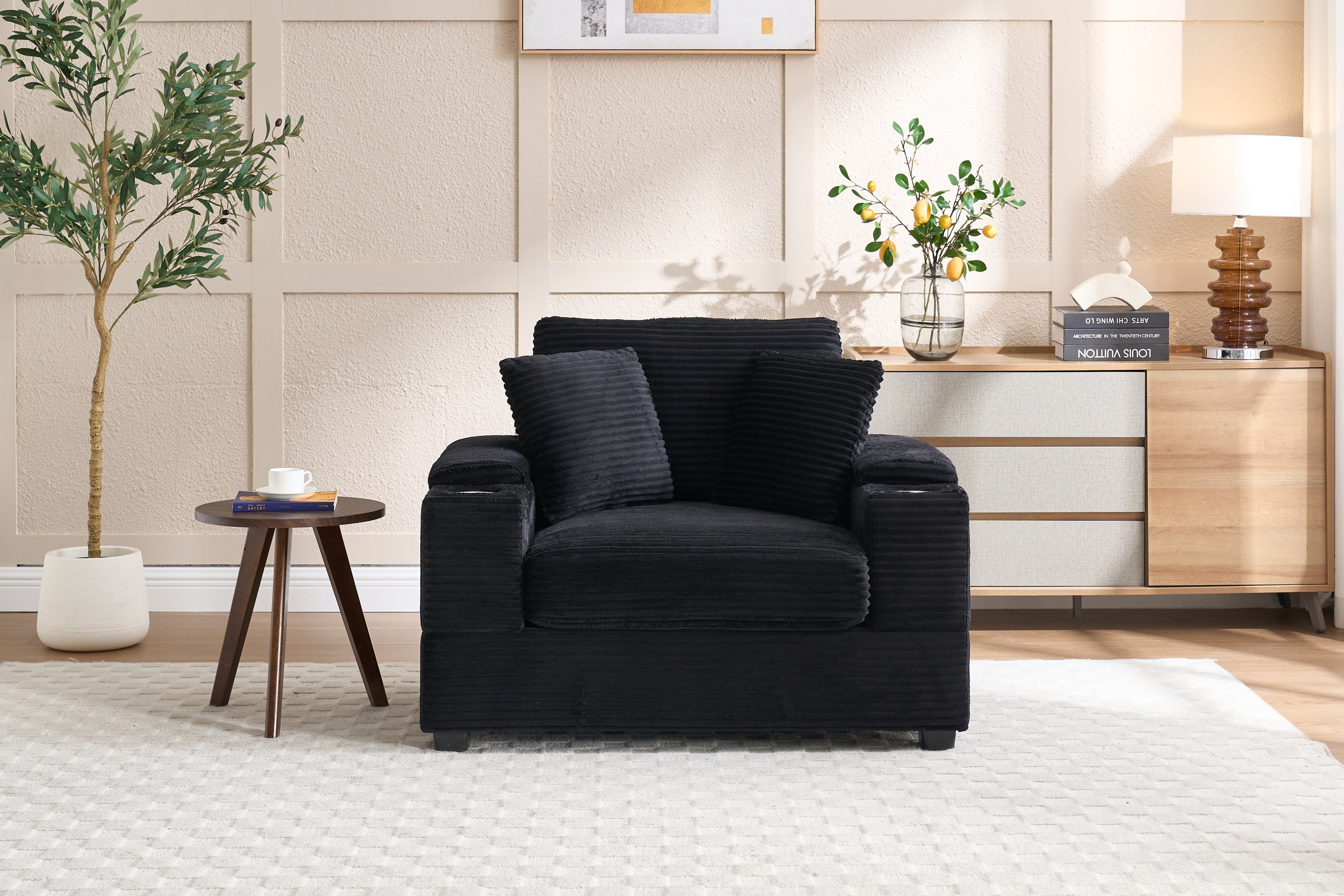Corduroy Upholstered Chaise Lounge Sofa with Handrail Storage