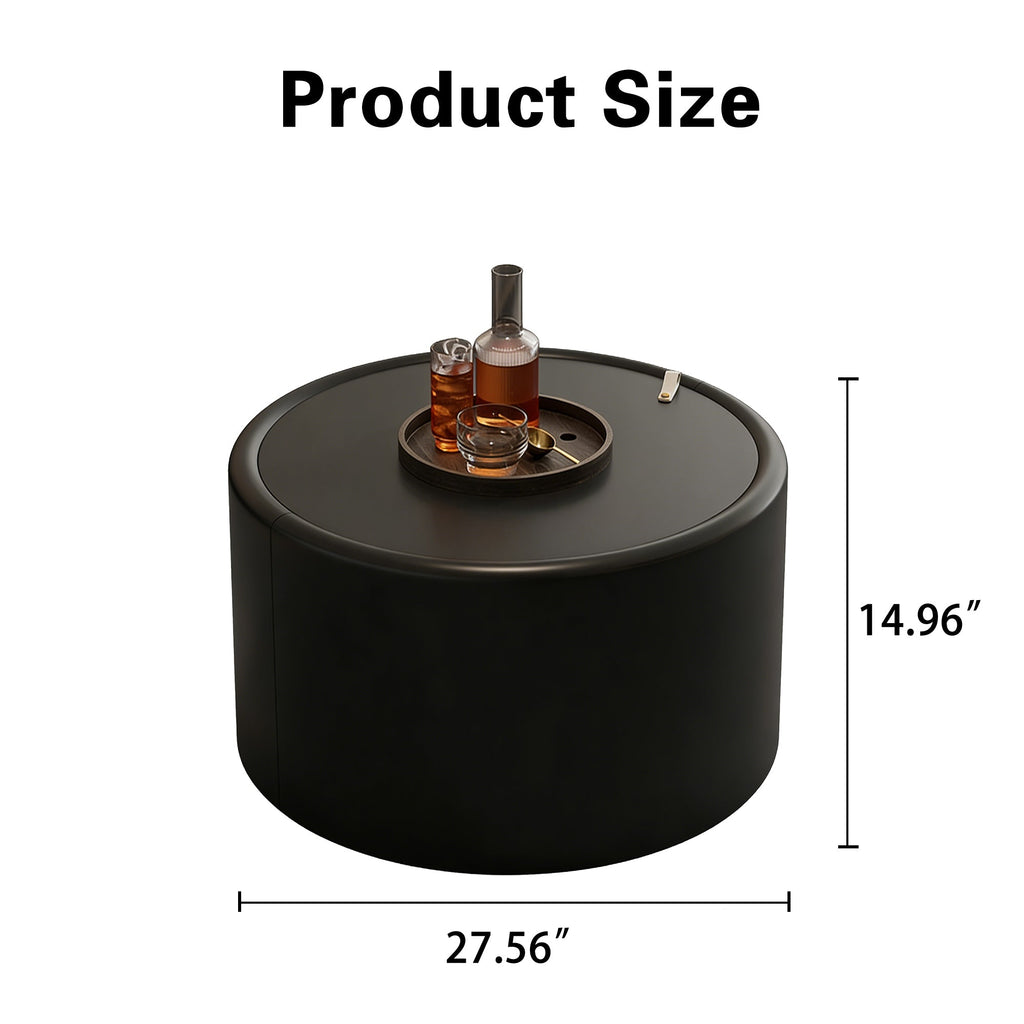 28“  PU Leather Round Coffee Table with Tempered Glass Top