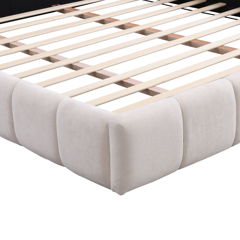 Elegant Beige Chenille Upholstered Bed with Checkerboard Design