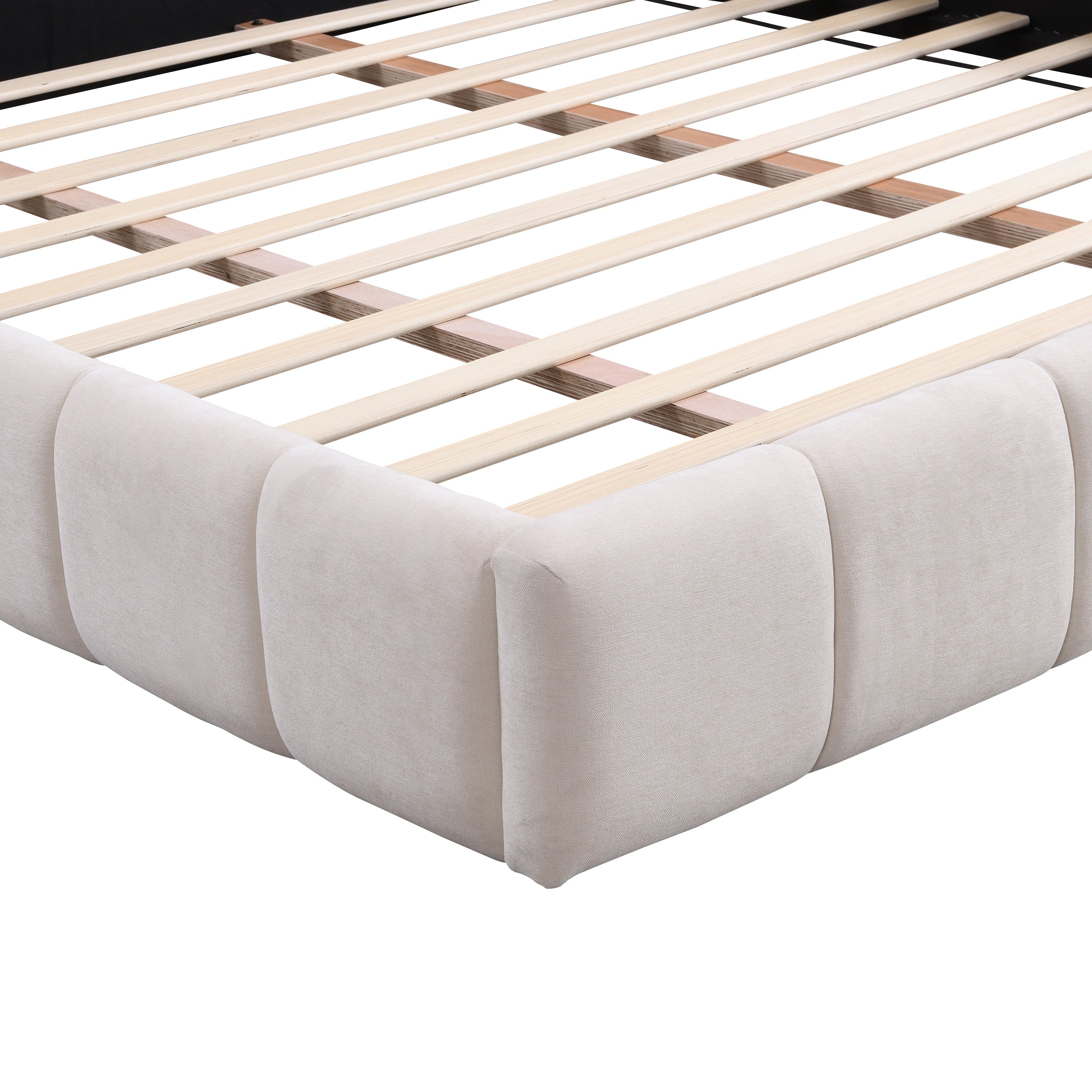 Elegant Beige Chenille Upholstered Bed with Checkerboard Design