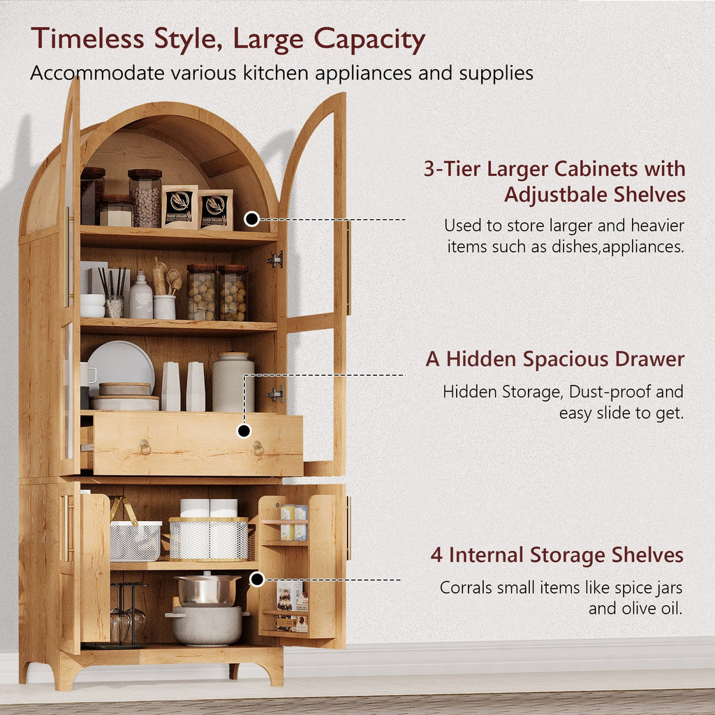 71" Tall Arched Farmhouse Kitchen Pantry Cabinet with Door Shelves