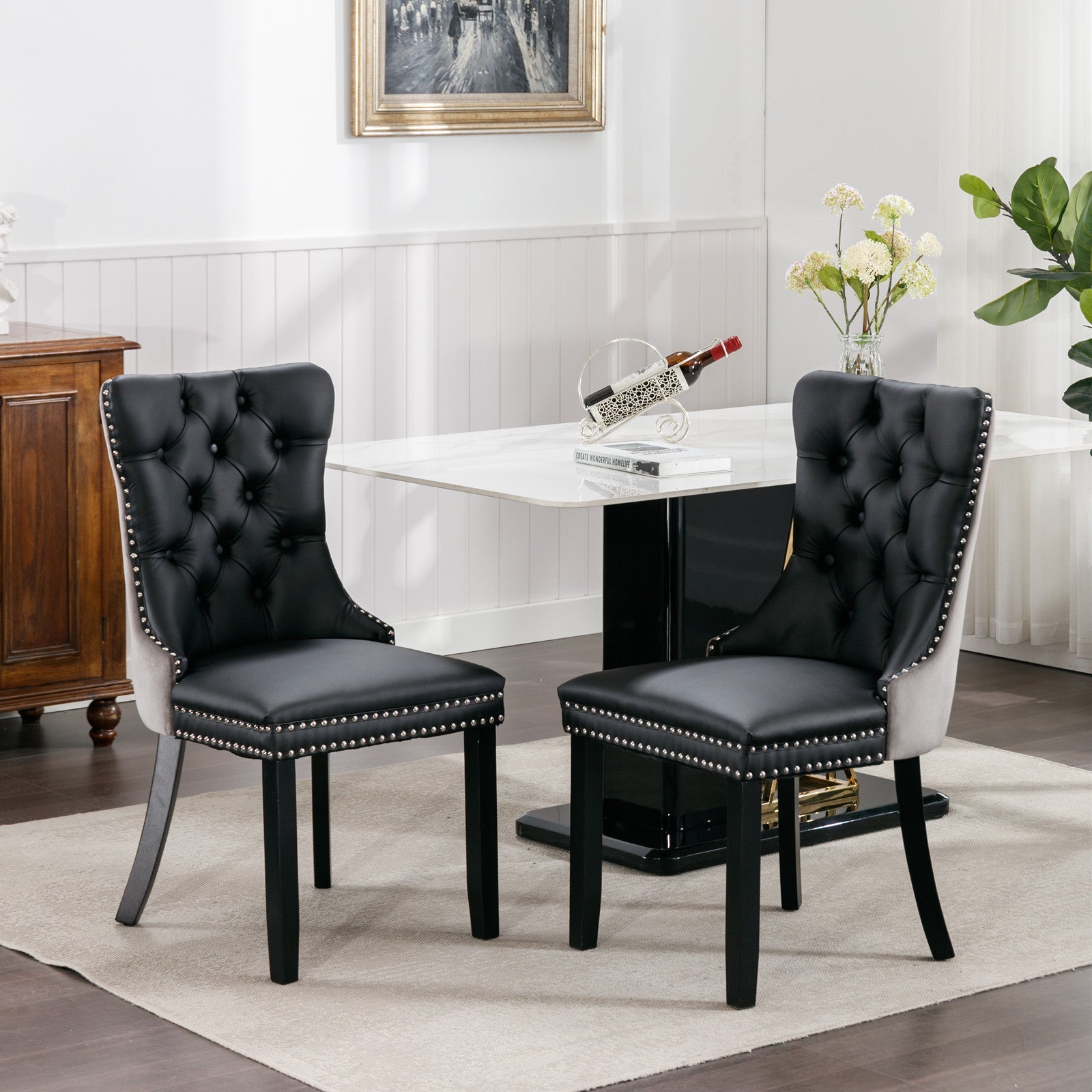 Tufted Solid Wood PU Upholstered Dining Chair with Wood Legs (Set of 2)