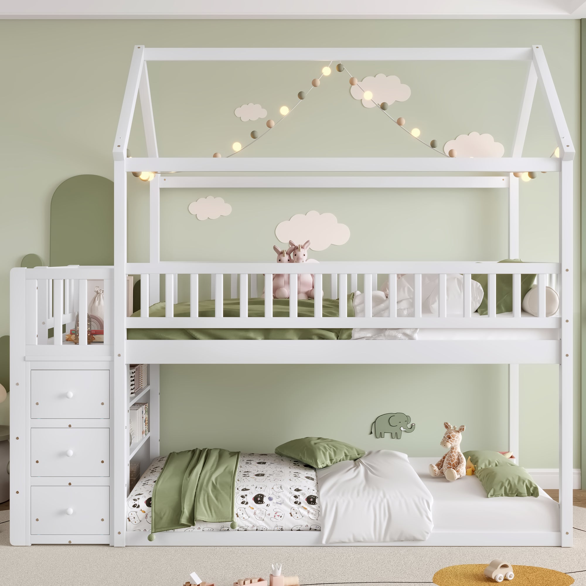 Twin House Bunk Bed with Shelves and Drawers