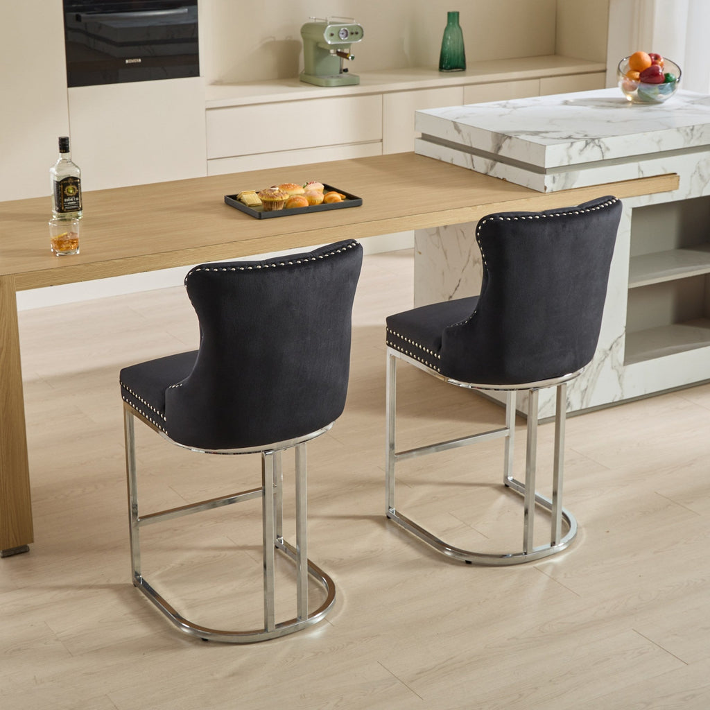 Luxury Elegant Nailhead Trim Tufted Velvet Bar Stools (Set of 2)