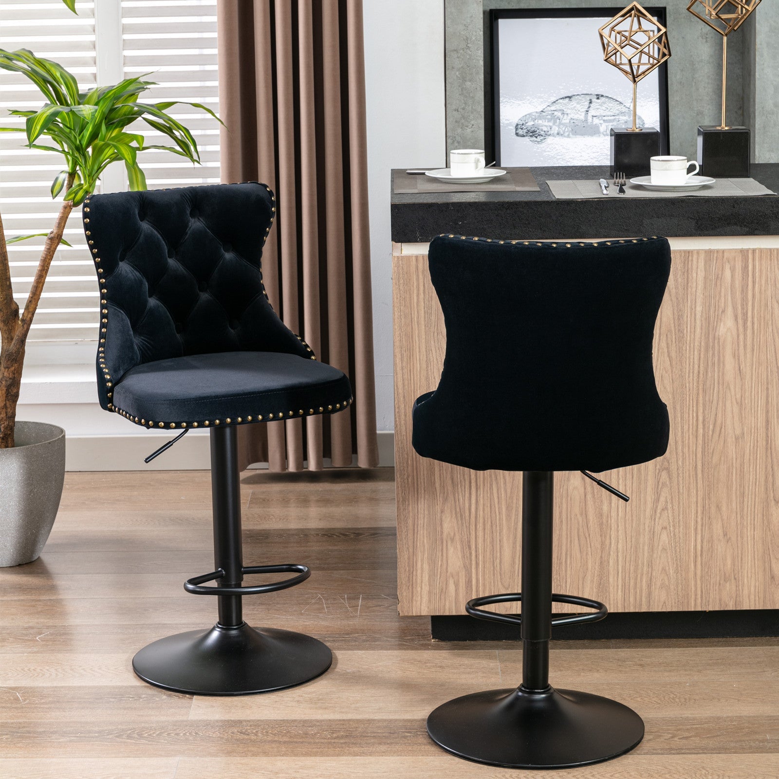 Modern Swivel Velvet Barstools Adjusatble Seat (Set of 2)