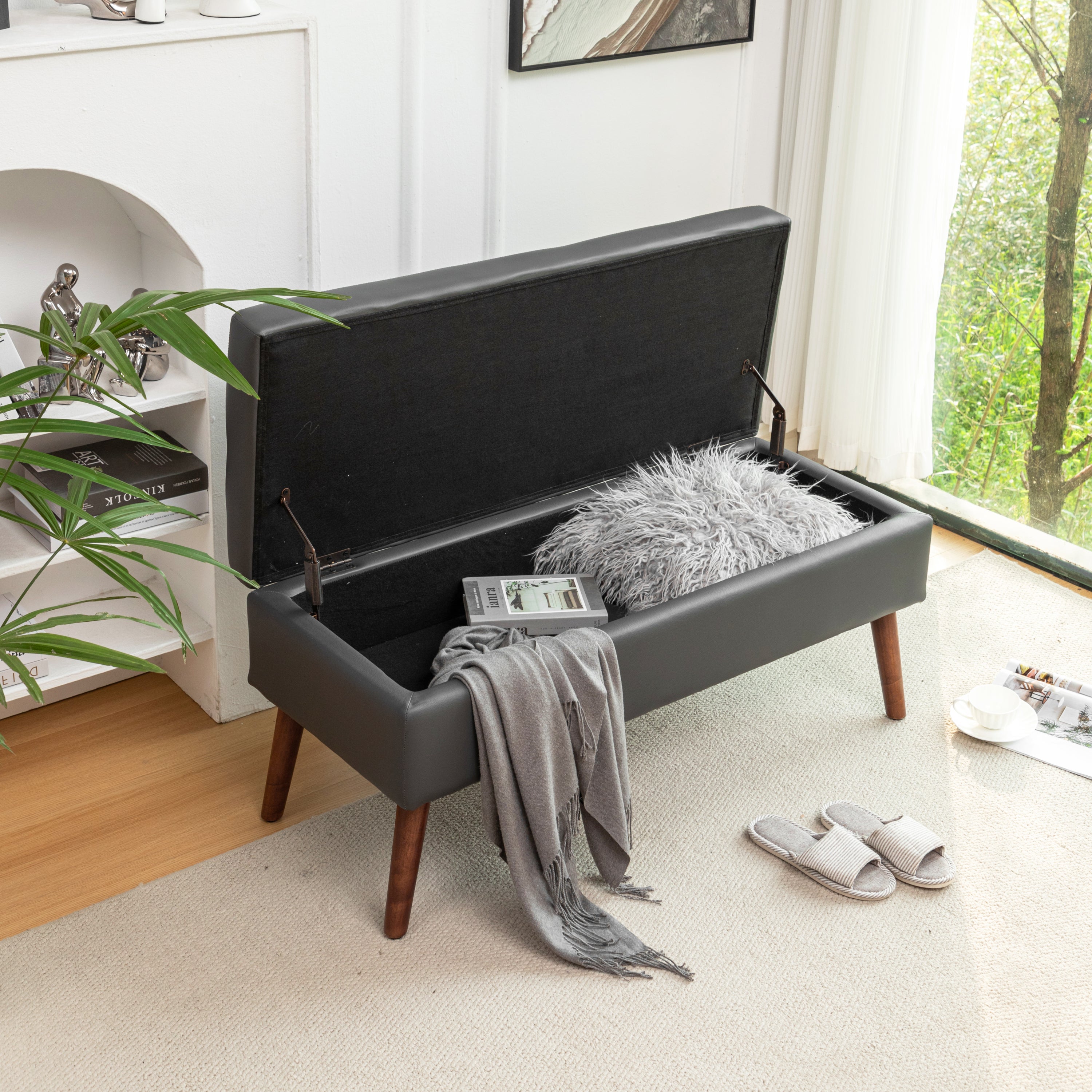 Brown PU Leather Storage Bench
