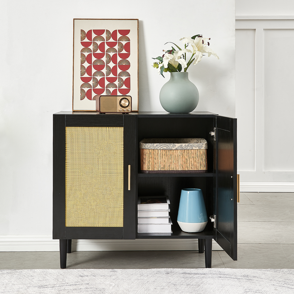 Side Panel Buffet Cabinet with Natural Rattan Door