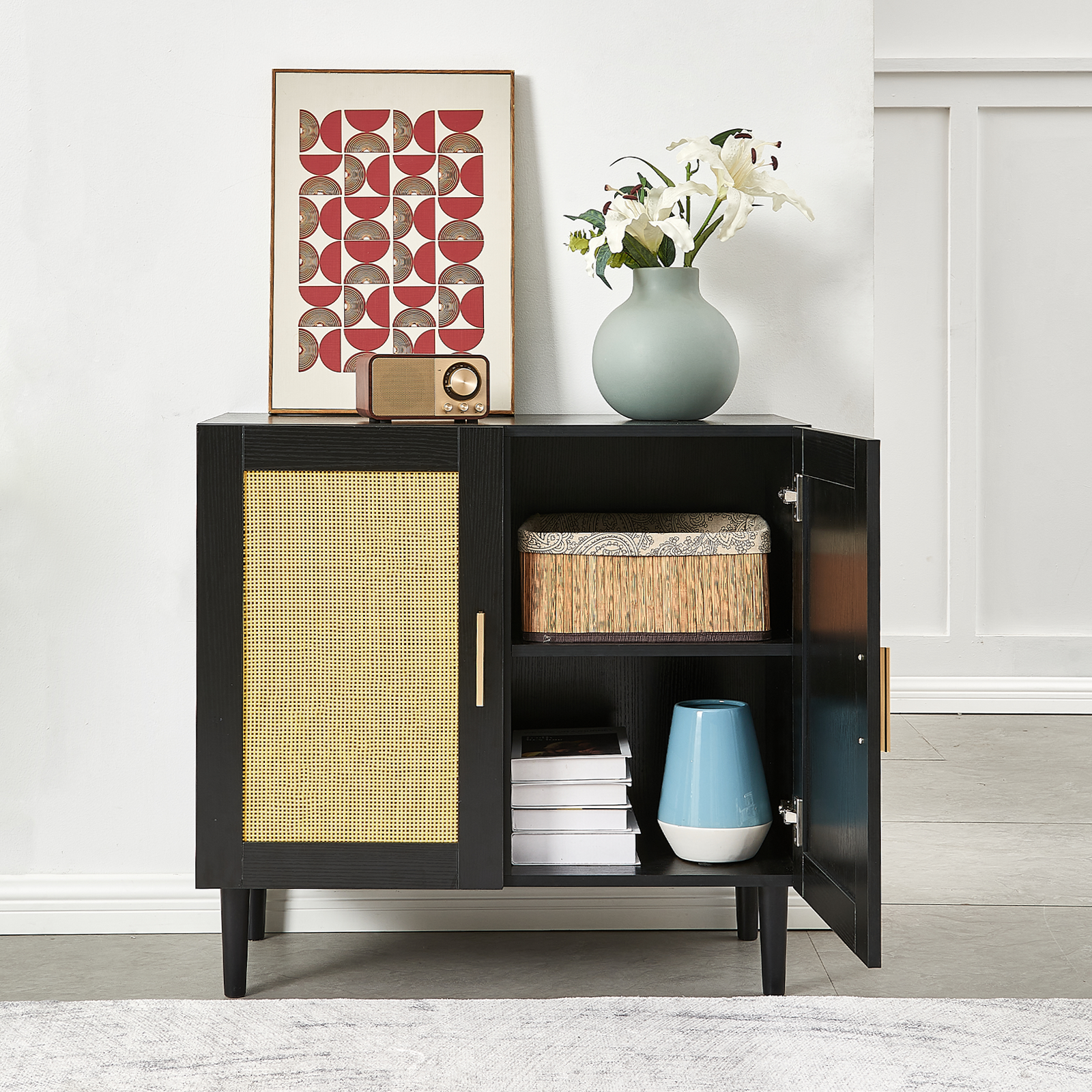 Side Panel Buffet Cabinet with Natural Rattan Door