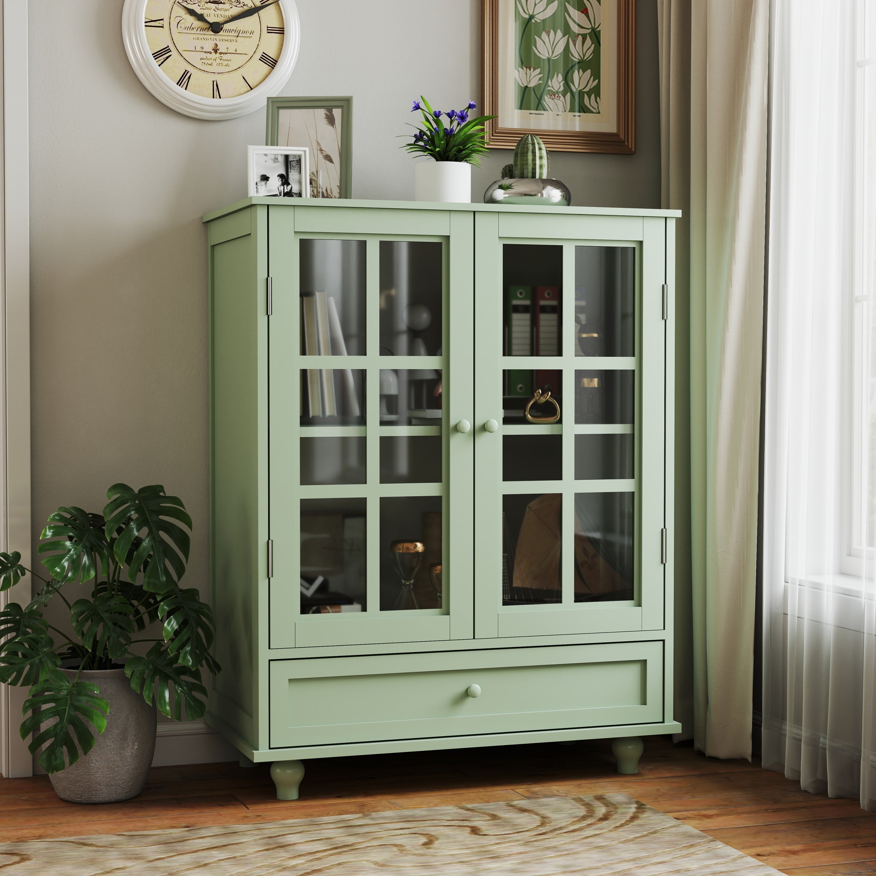 Minimalism Buffet Cabinet with Double Glass Doors and Drawer Mint Green