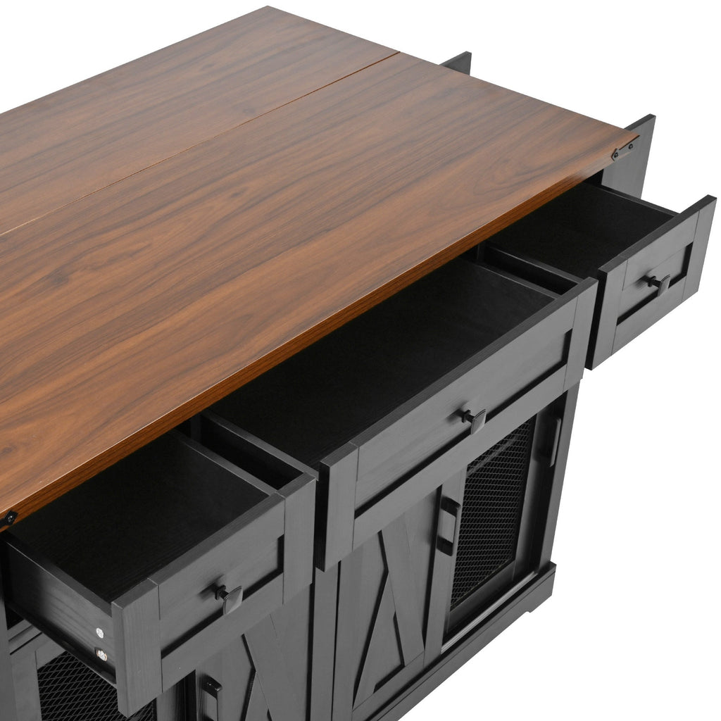 58“ Farmhouse Kitchen Island with Storage Sliding Barn Door Metal Grid Side Door