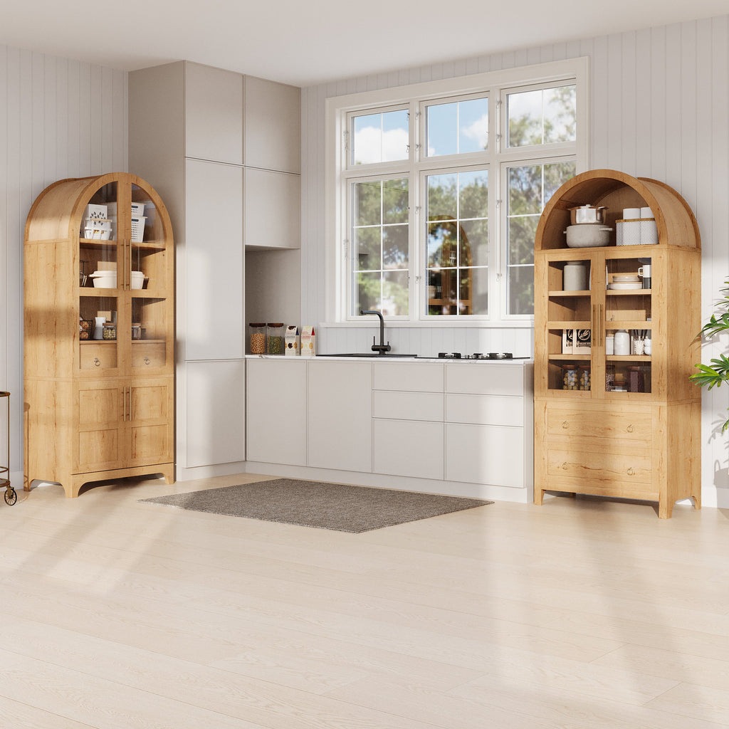 71" Tall Arched Farmhouse Kitchen Pantry Cabinet with Door Shelves