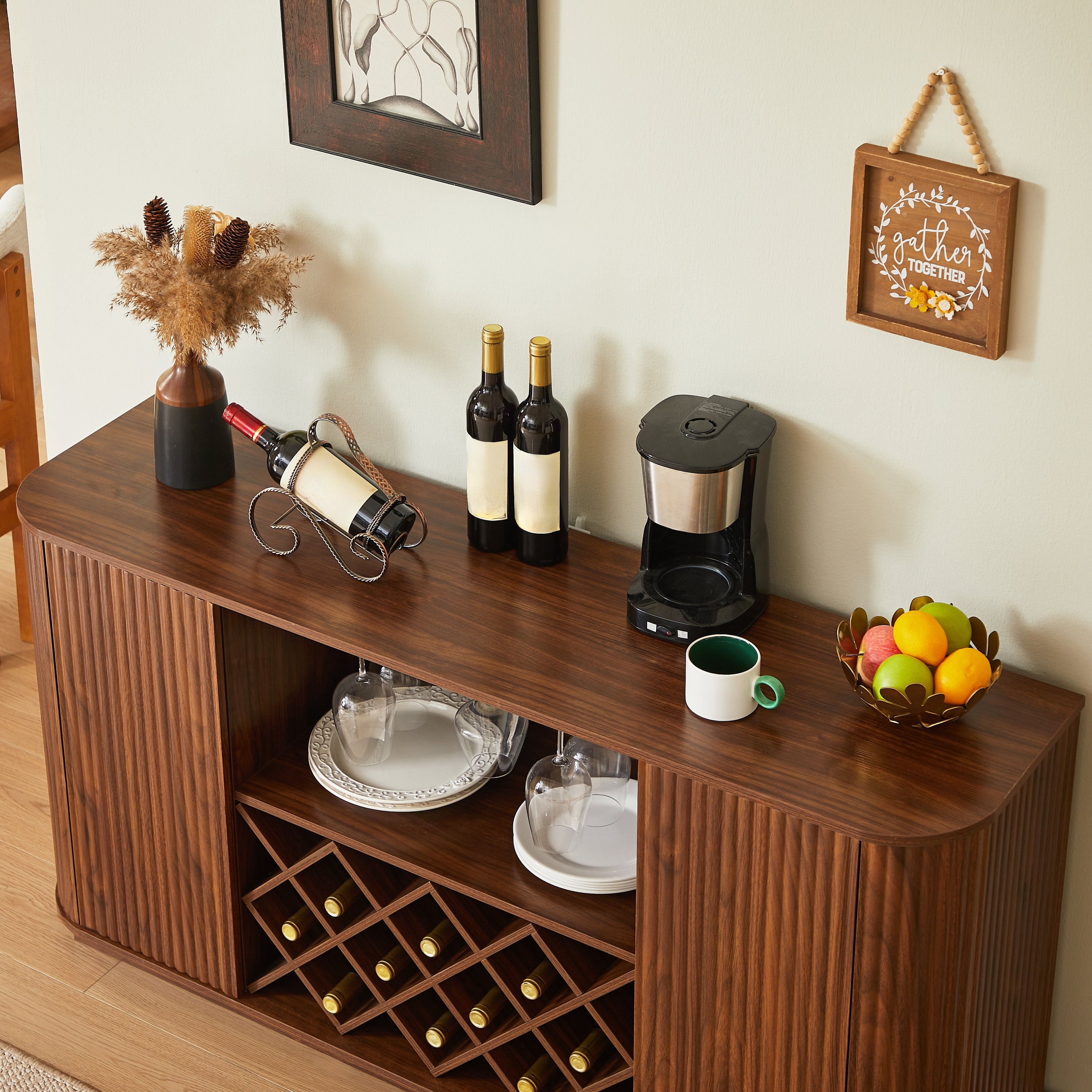 58' Wavy Curve Sideboard-Multifunctional Cabinet with Wine Storage