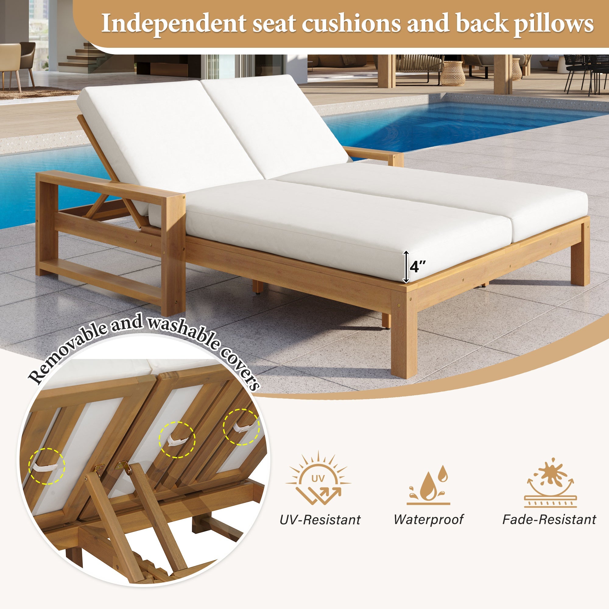 Double chaise lounge 5 position adjustable backs cushioned ideal for patio poolside relaxation
