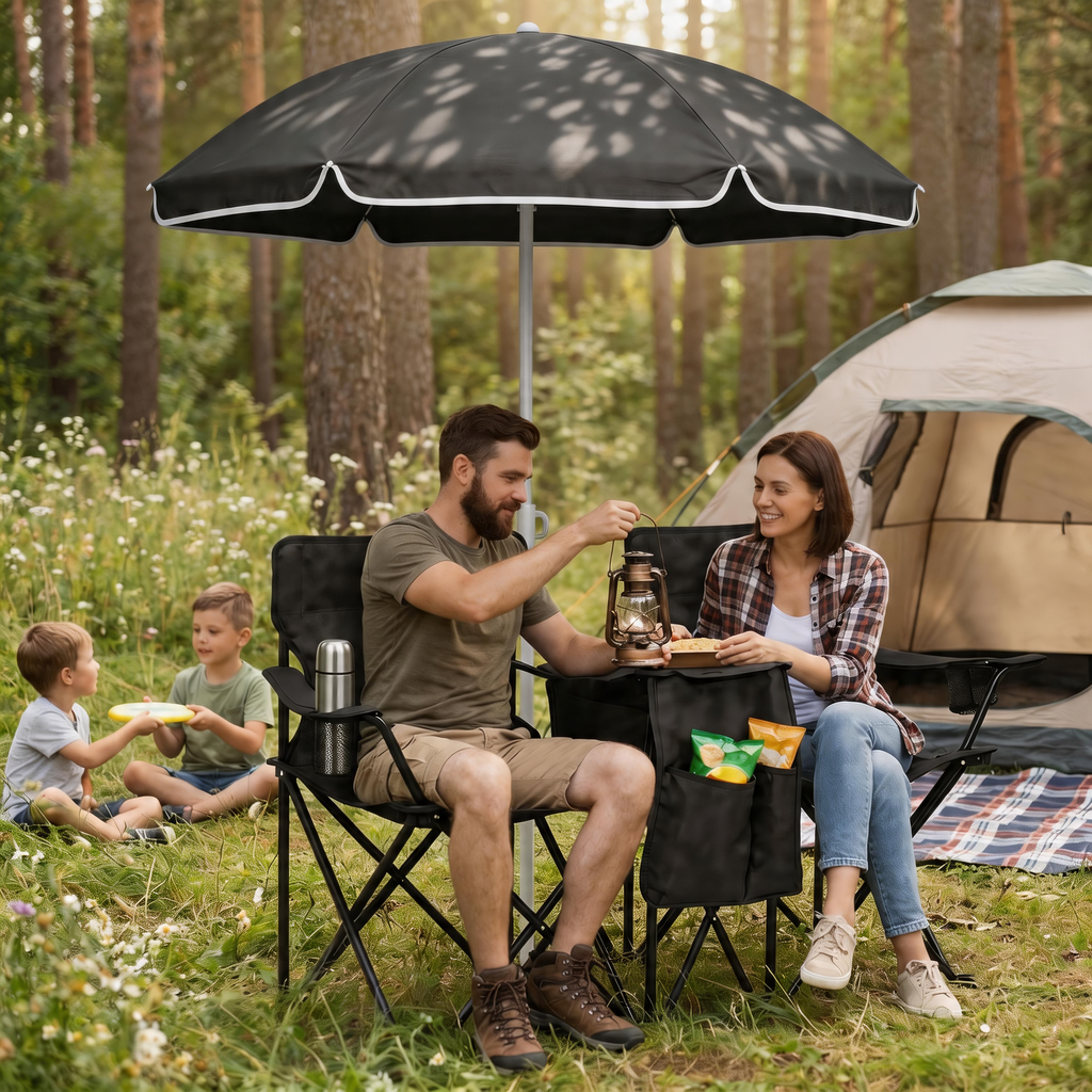 Portable Double Folding Beach Chair Set with Umbrella 2 Person Camping