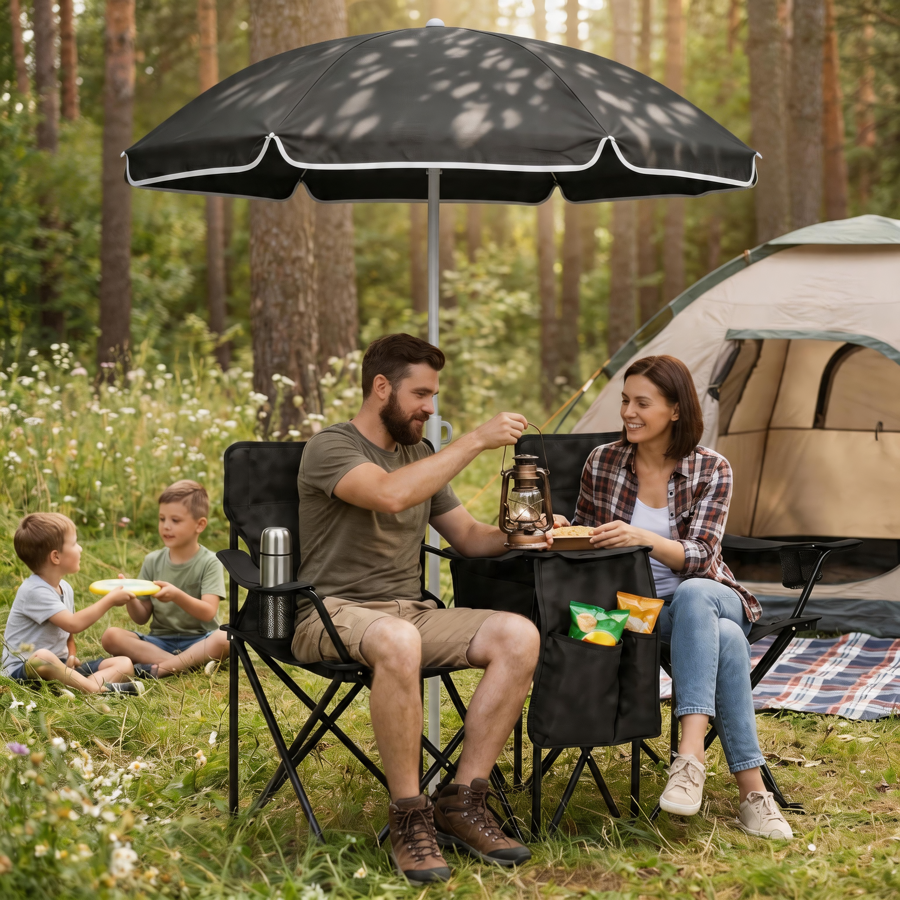 Portable Double Folding Beach Chair Set with Umbrella 2 Person Camping