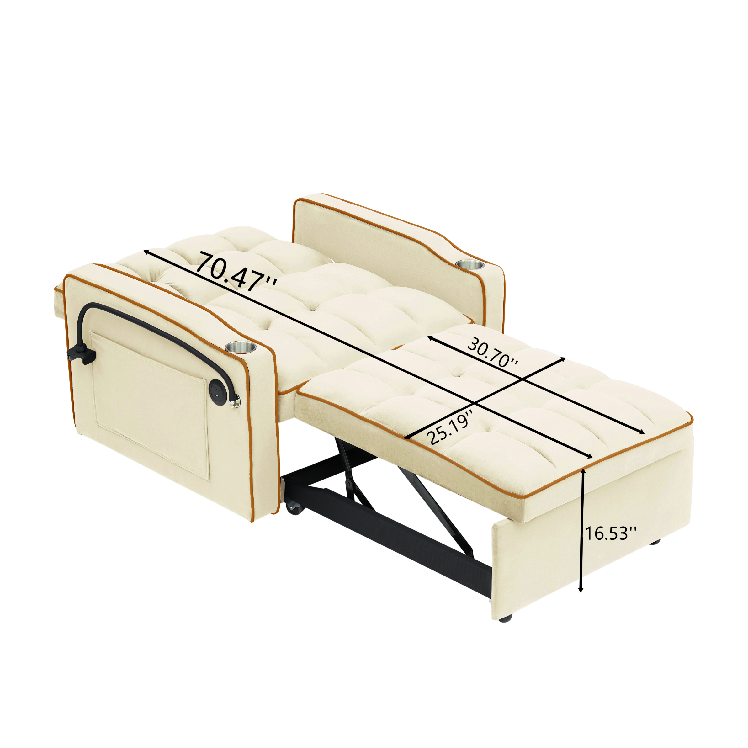 Velvet Foldable Sofa Bed Adjustable Back with USB, Ashtray & Phone Stand