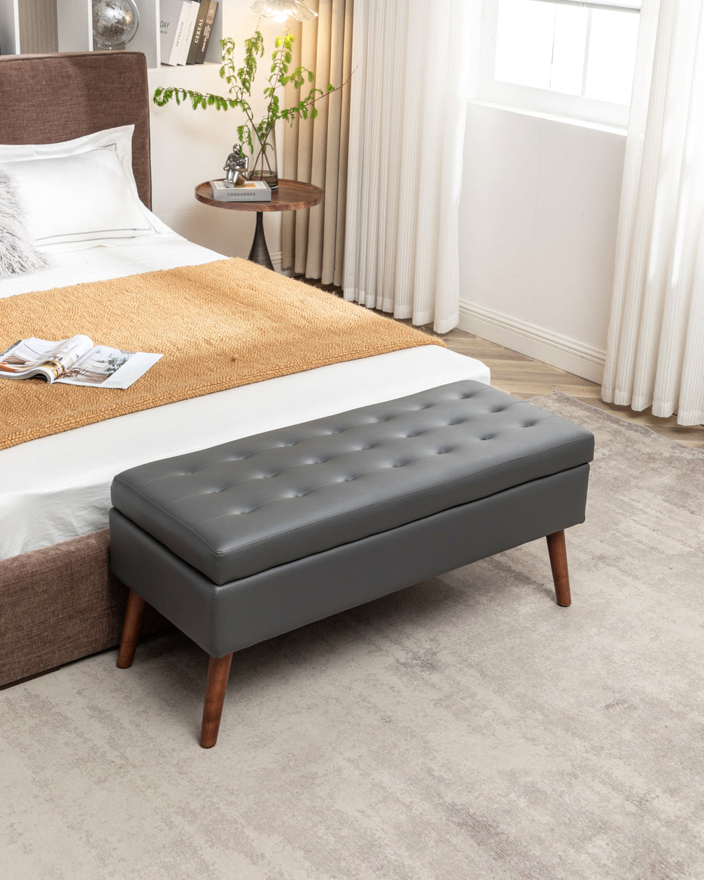 Brown PU Leather Storage Bench