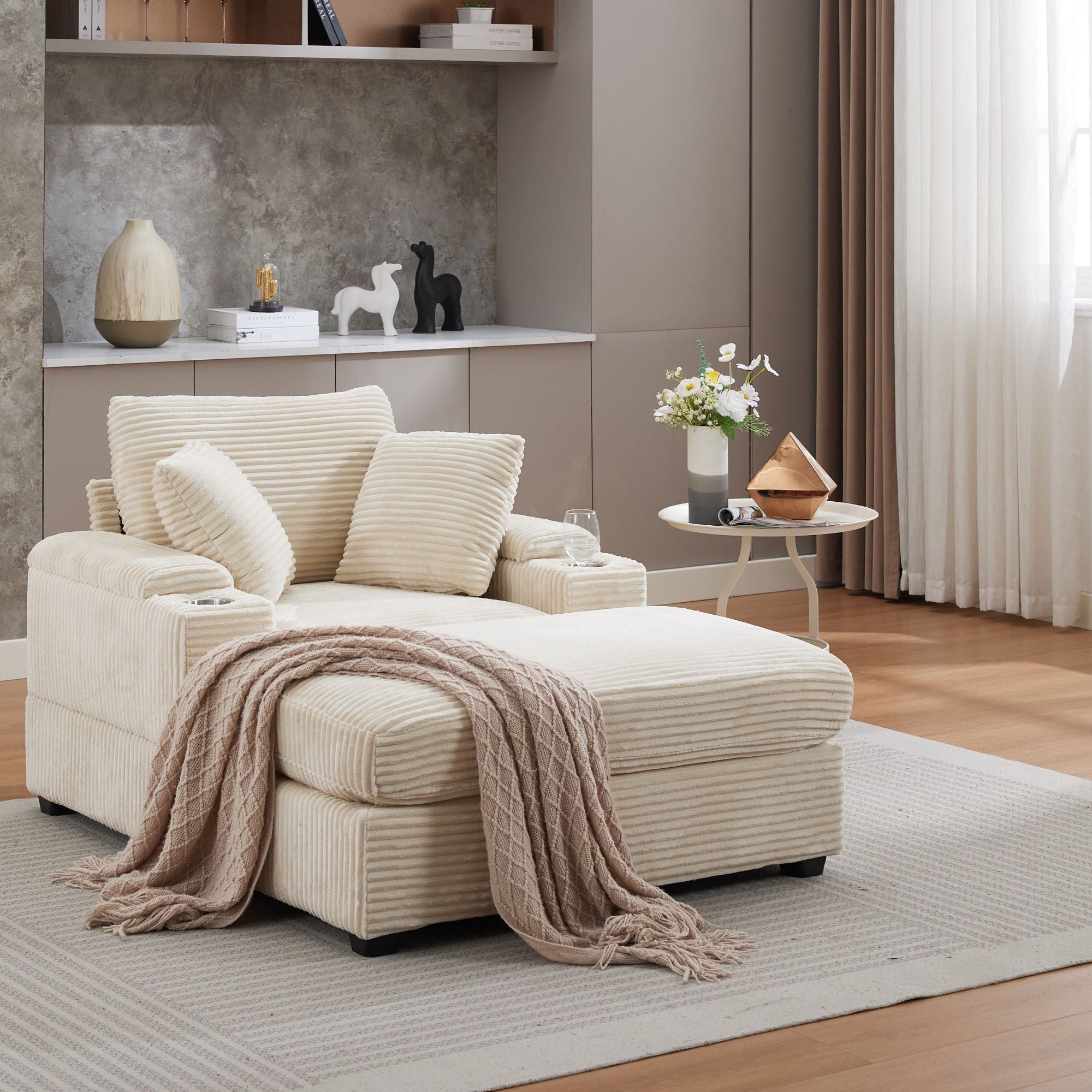 Corduroy Upholstered Chaise Lounge Sofa with Handrail Storage