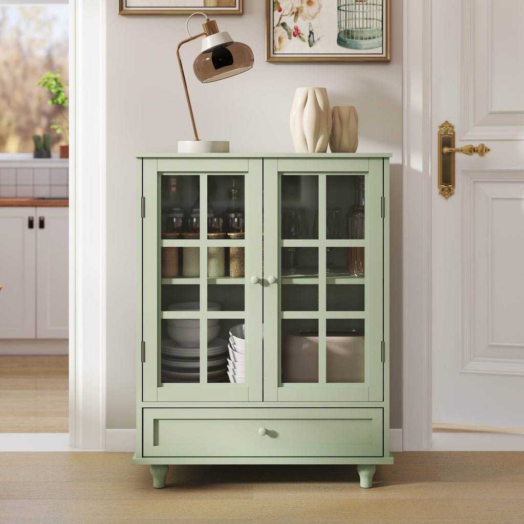 Minimalism Buffet Cabinet with Double Glass Doors and Drawer Mint Green