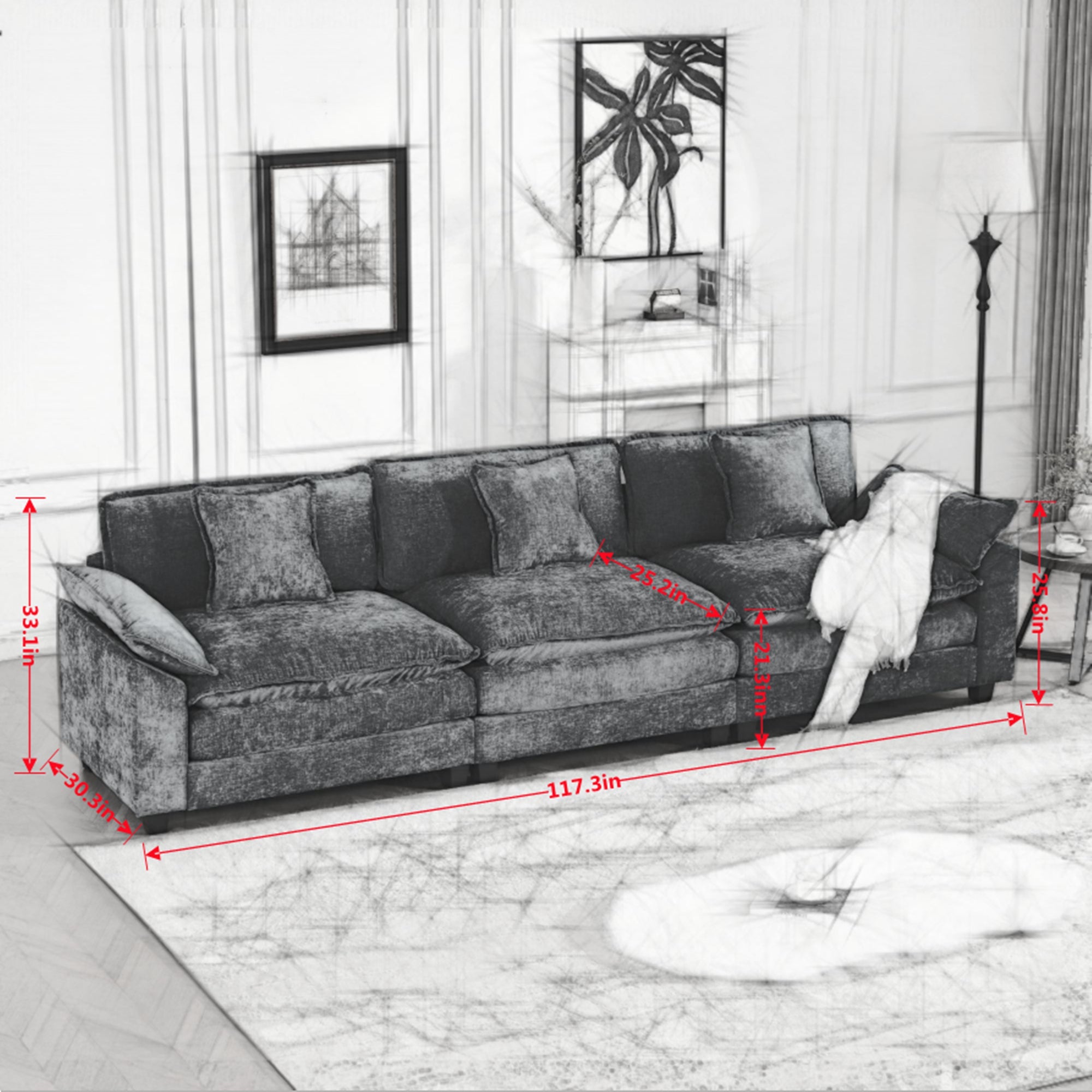 Modern Comfy Upholstered Seat Cushion Sectional Couch (Ottoman is Not Included)