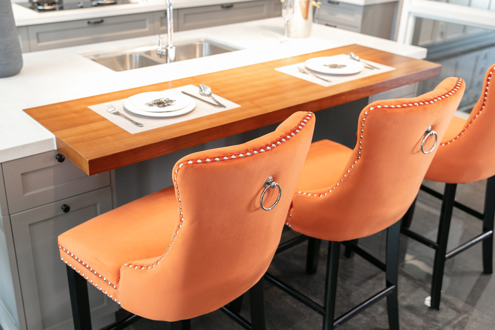 Contemporary Velvet Upholstered Barstools with Button Tufted Decoration (Set of 2)