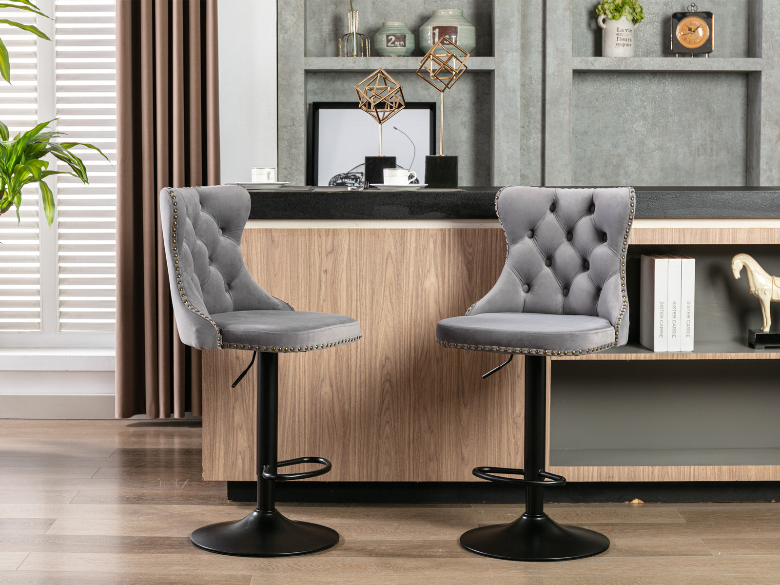 Modern Swivel Velvet Barstools Adjusatble Seat (Set of 2)