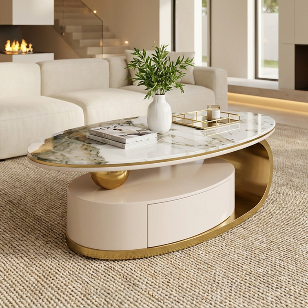 51.18' Luxury Oval Coffee Table with Print Glass Top