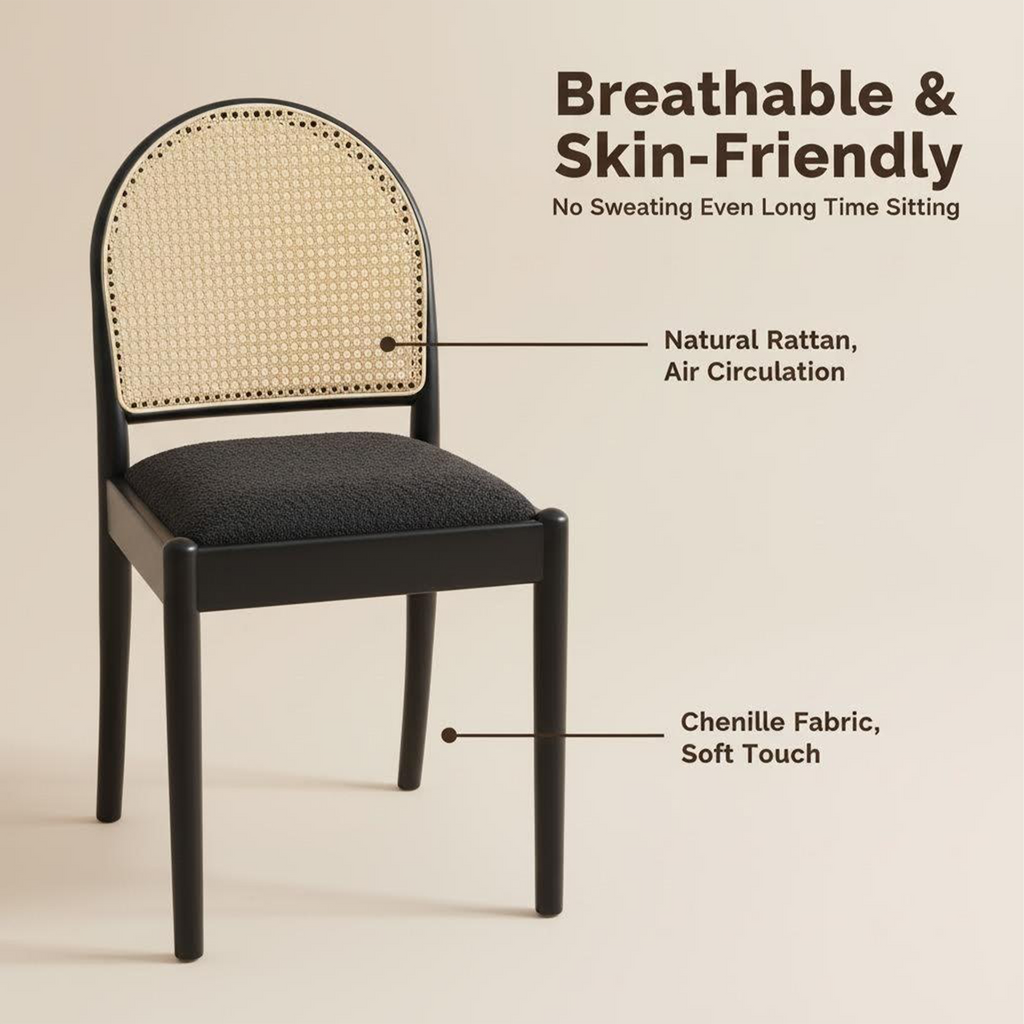 Set of 2 Rattan Dining Chairs Upholstered Linen Modern Wood-Leg Kitchen Chairs