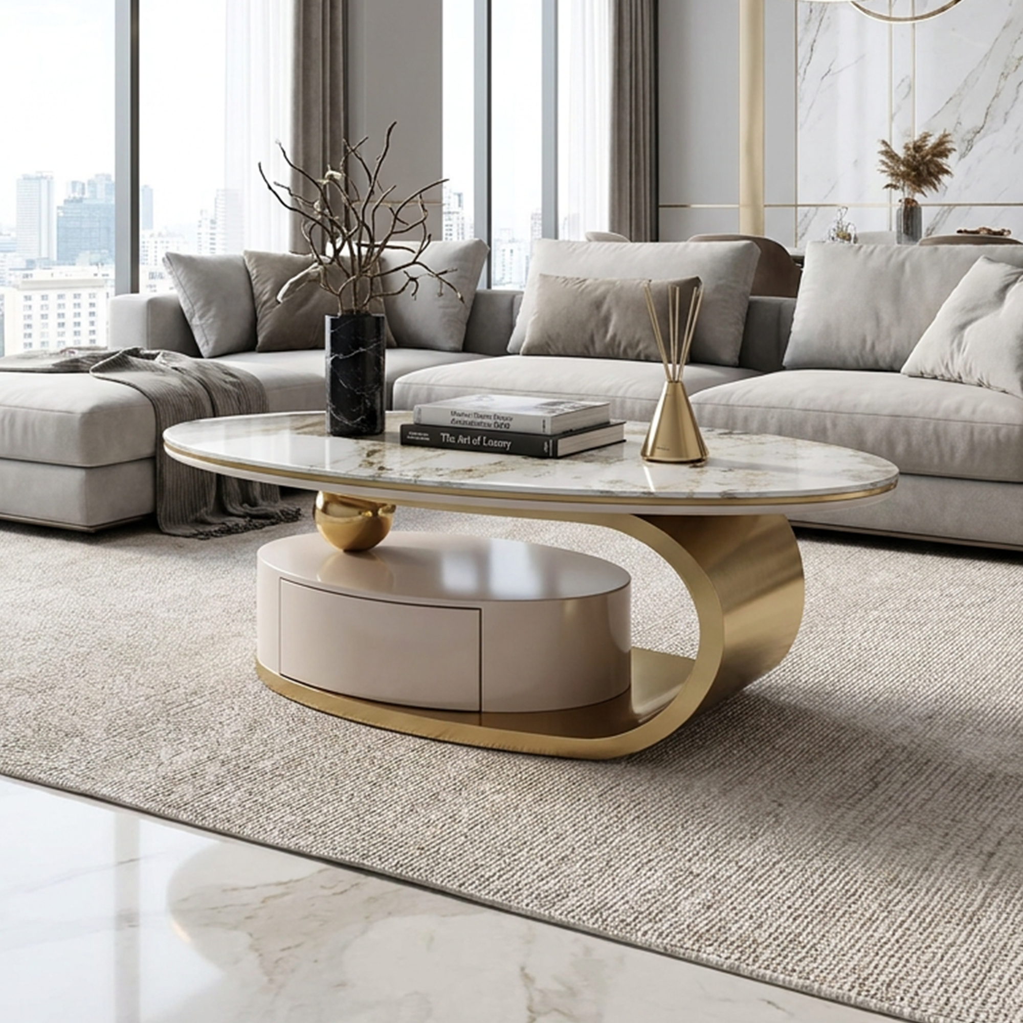 51.18' Luxury Oval Coffee Table with Print Glass Top