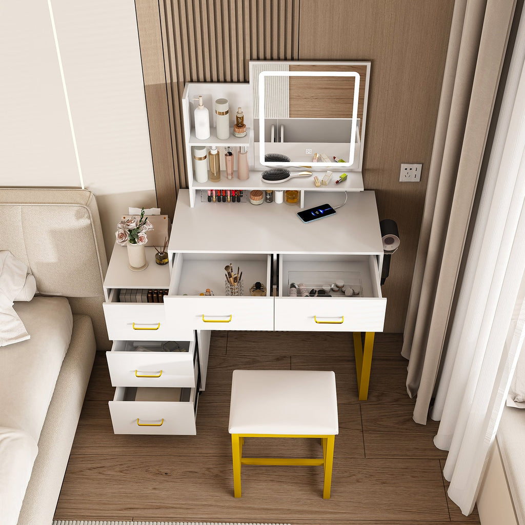 Elegant Makeup Vanity with LED Lights and Power Outlet