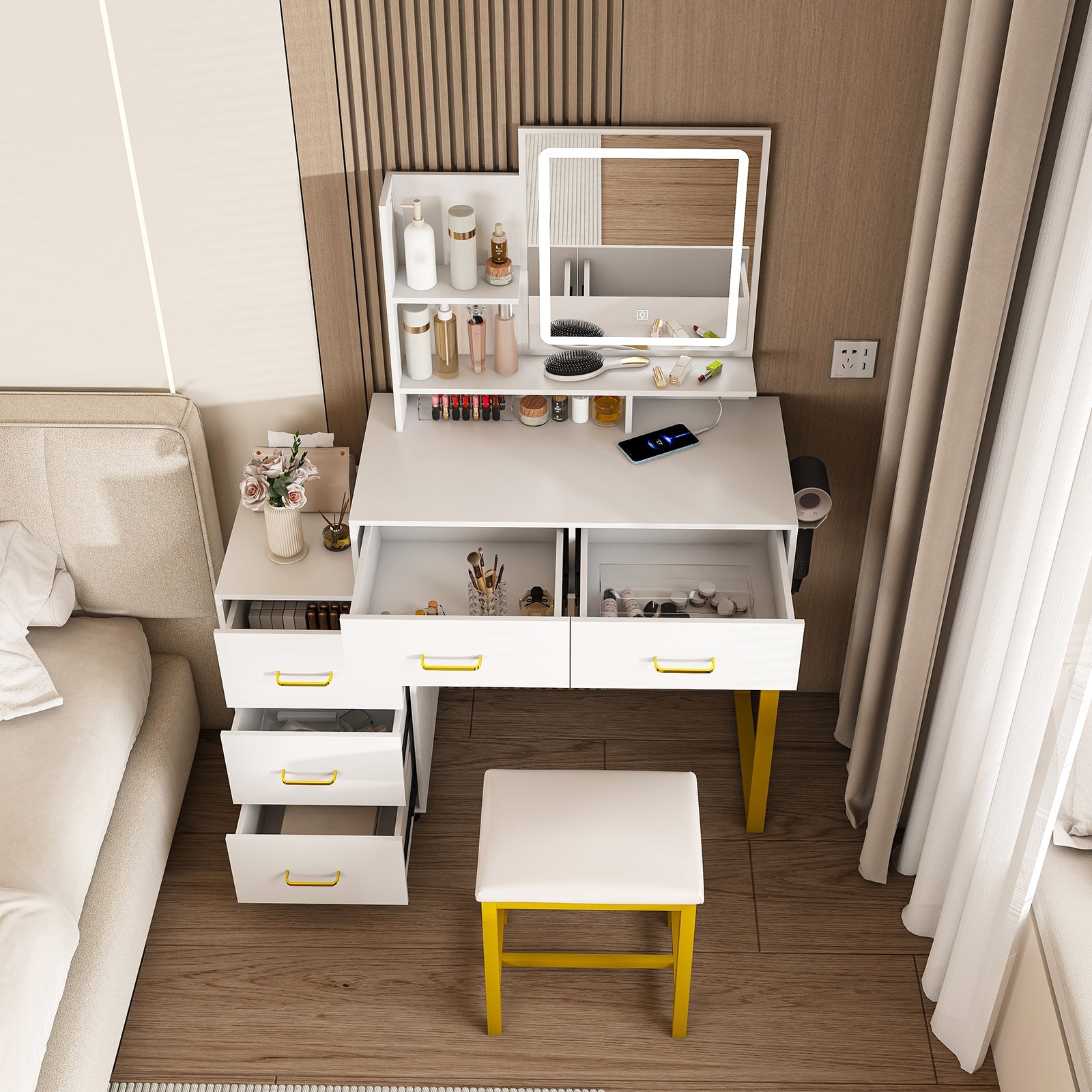 Elegant Makeup Vanity with LED Lights and Power Outlet