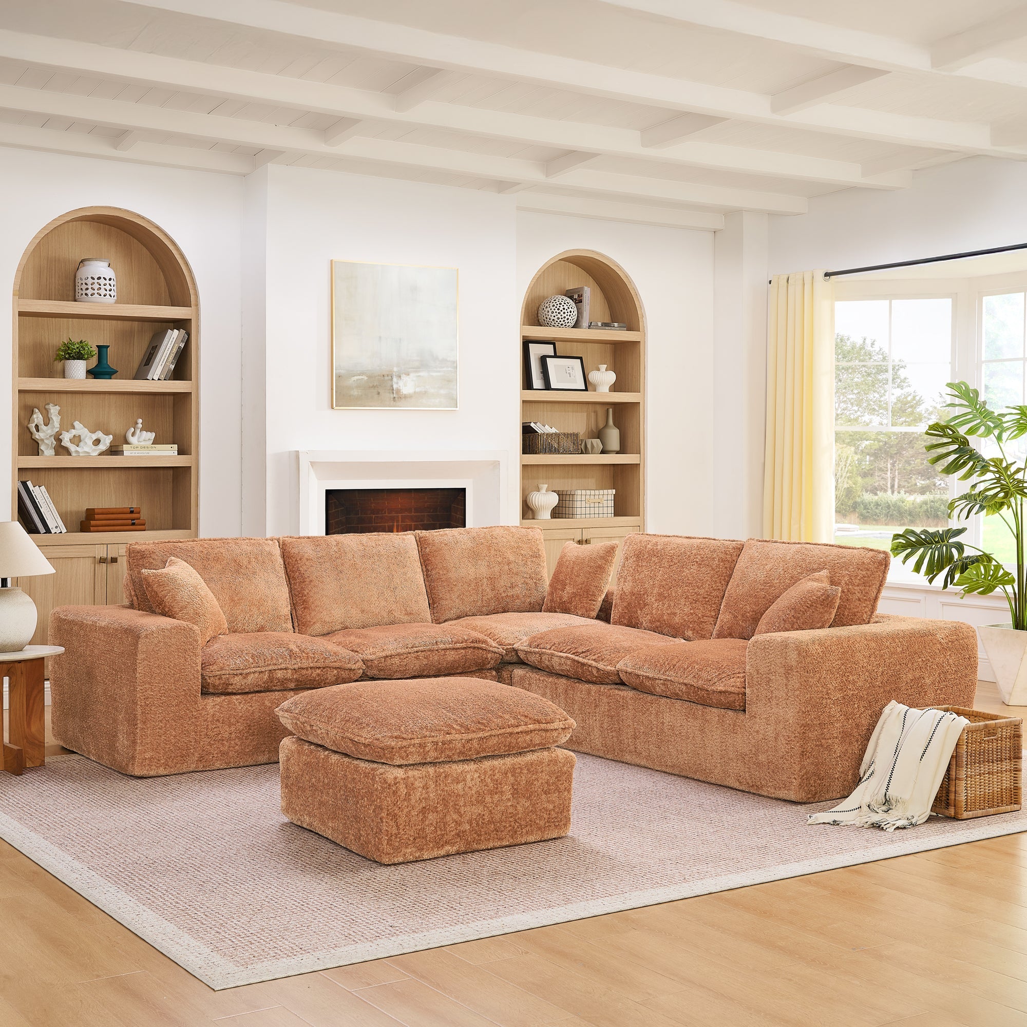 Modern Orange L-Shaped Sectional Sofa with 2 Ottomans Cloud-Like Modular Couch