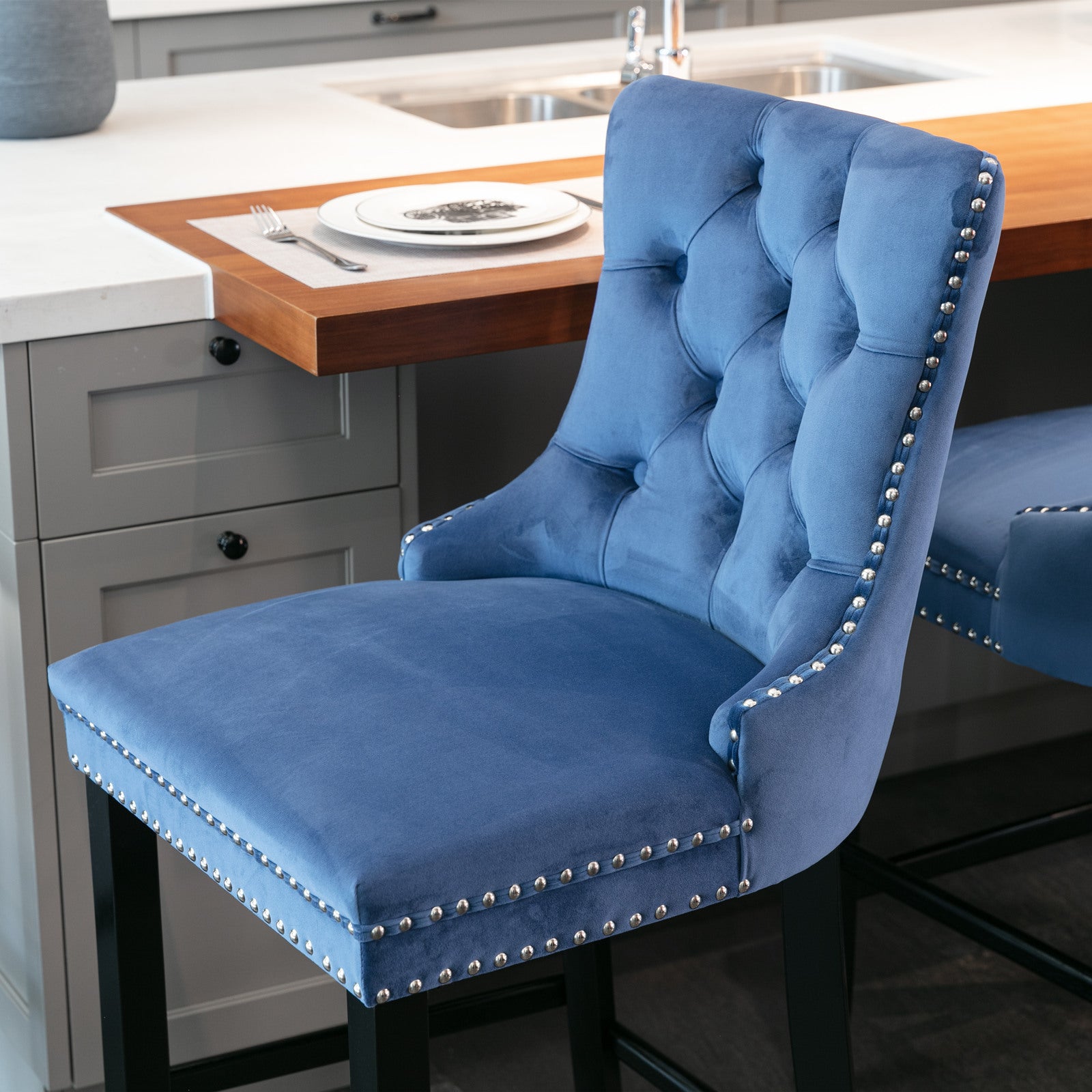 Contemporary Velvet Upholstered Barstools with Button Tufted Decoration (Set of 2)