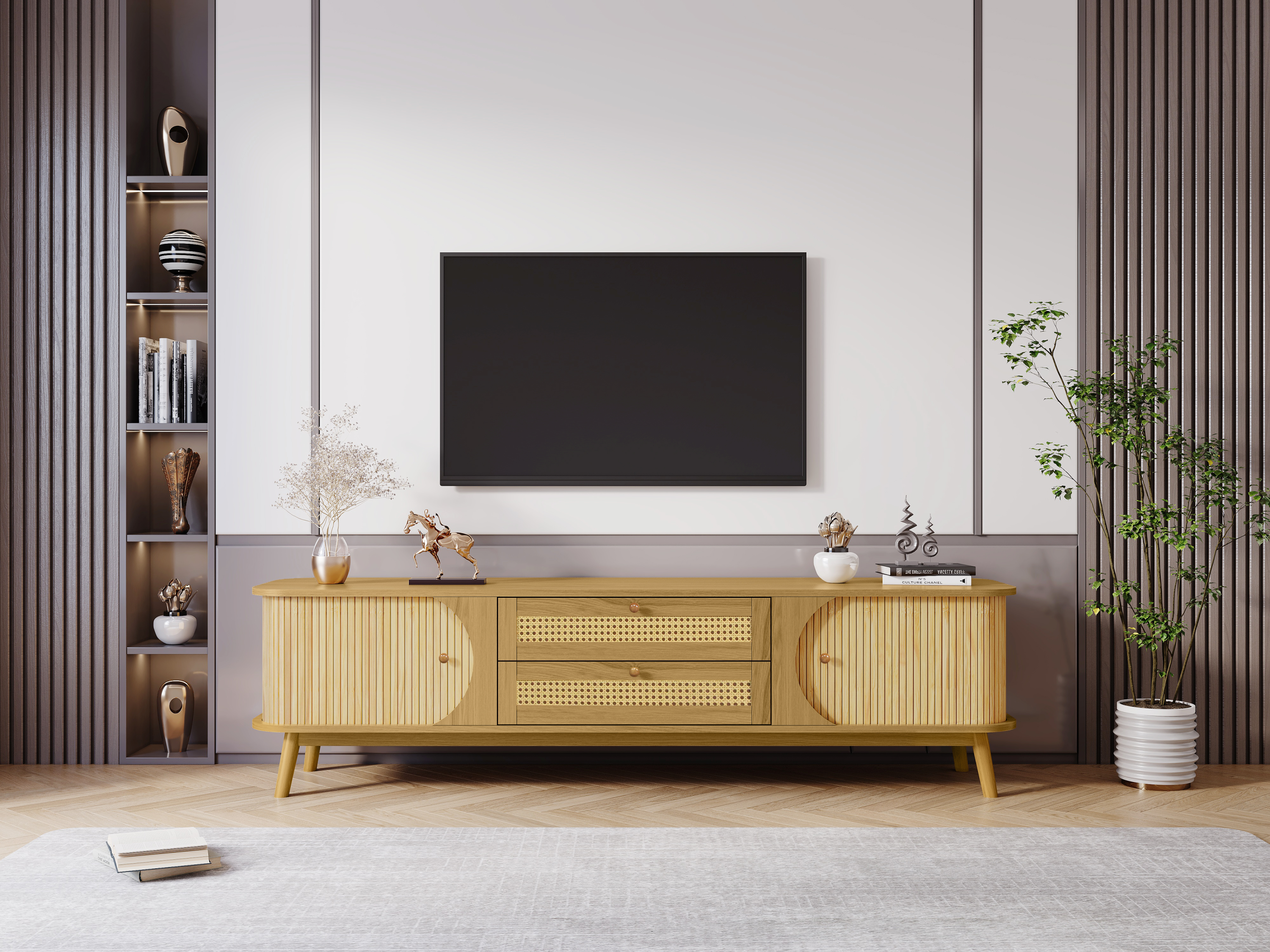 Modern Farmhouse Rattan TV Stand  Up to 75''