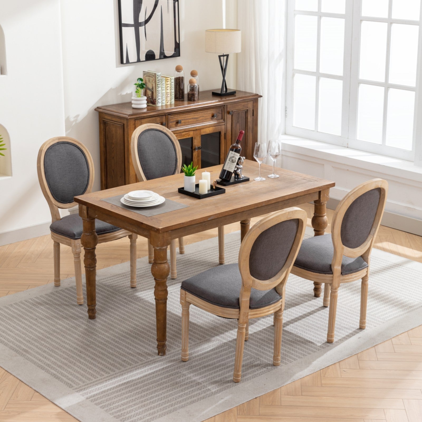 French Style Solid Wood Frame Linen Fabric Back Dining Chair (Set of 2)