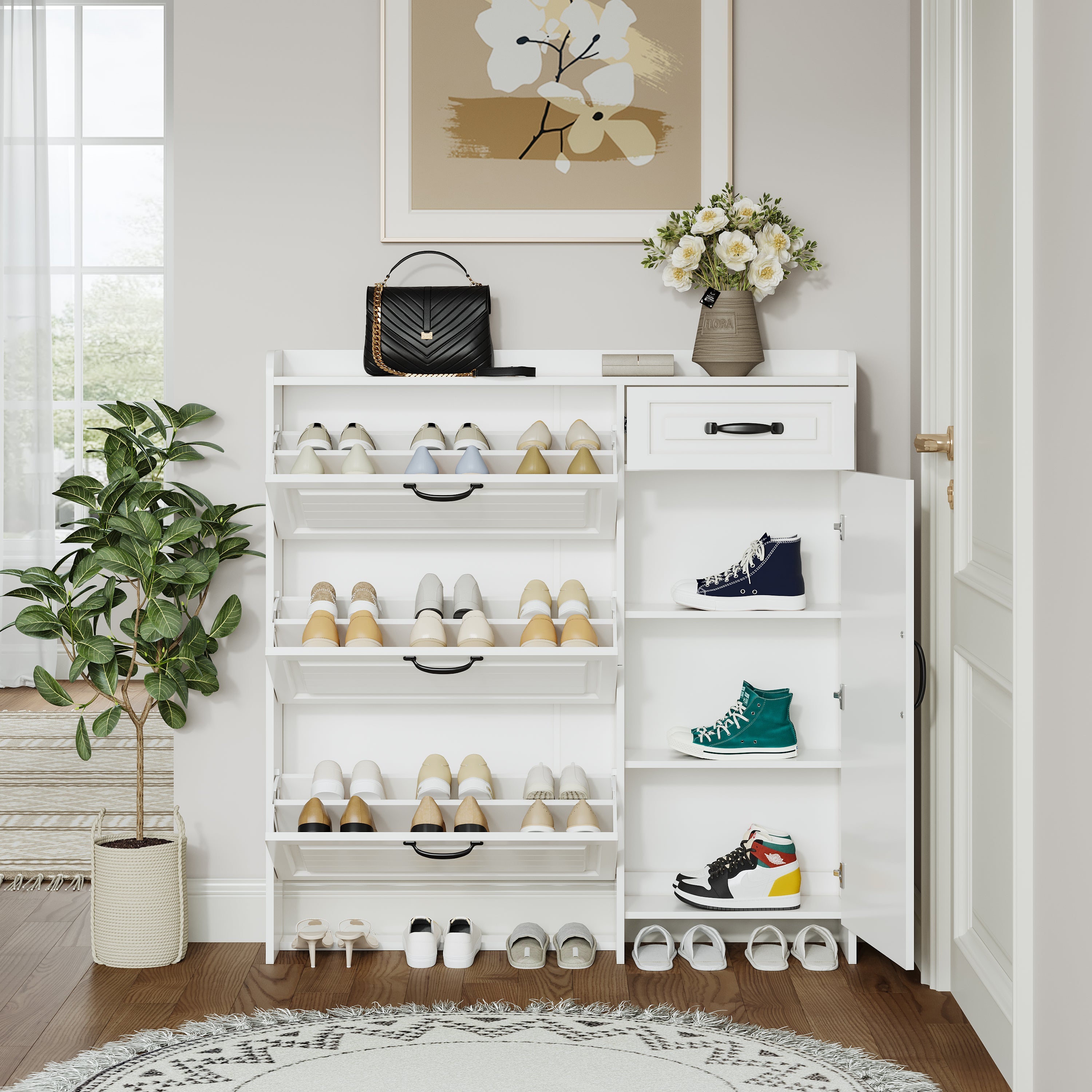 White Color Shoe Cabinet  with 4 Doors 1 Drawers