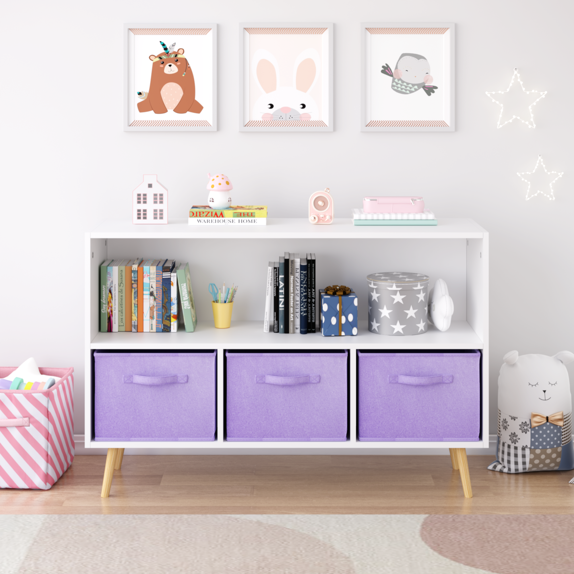 Children's Book Display Kids Bookcase with 3 Fabric Bins