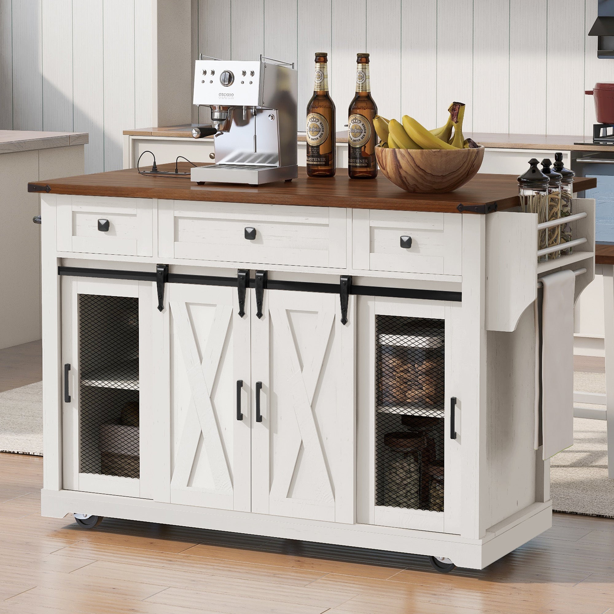 58“ Farmhouse Kitchen Island with Storage Sliding Barn Door Metal Grid Side Door