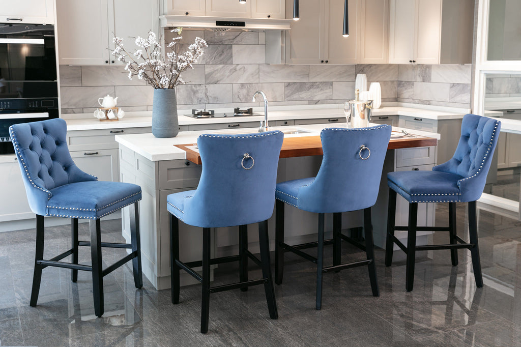 Contemporary Velvet Upholstered Barstools with Button Tufted Decoration (Set of 2)
